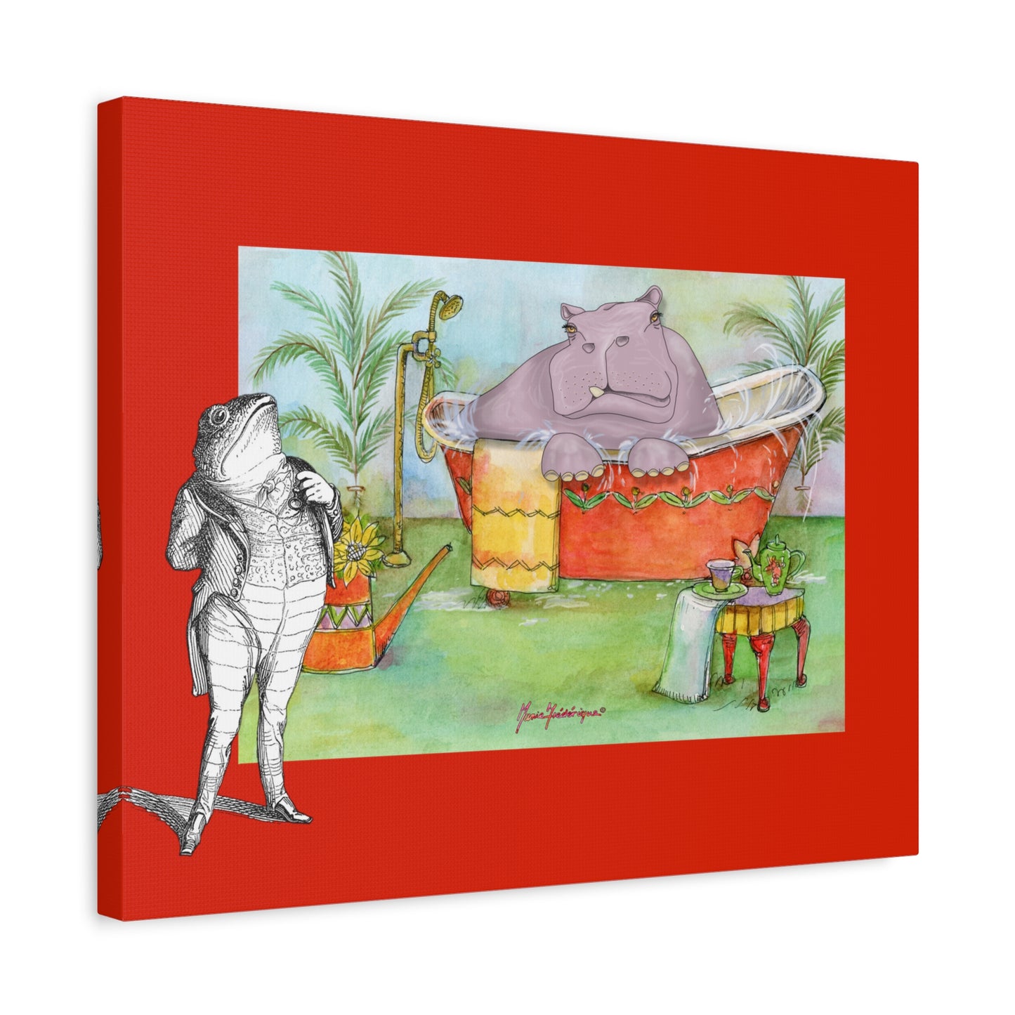 Hippo in Bathtub Canvas Wall Art – Whimsical Animal Bathroom Decor by artist Marie Frederique