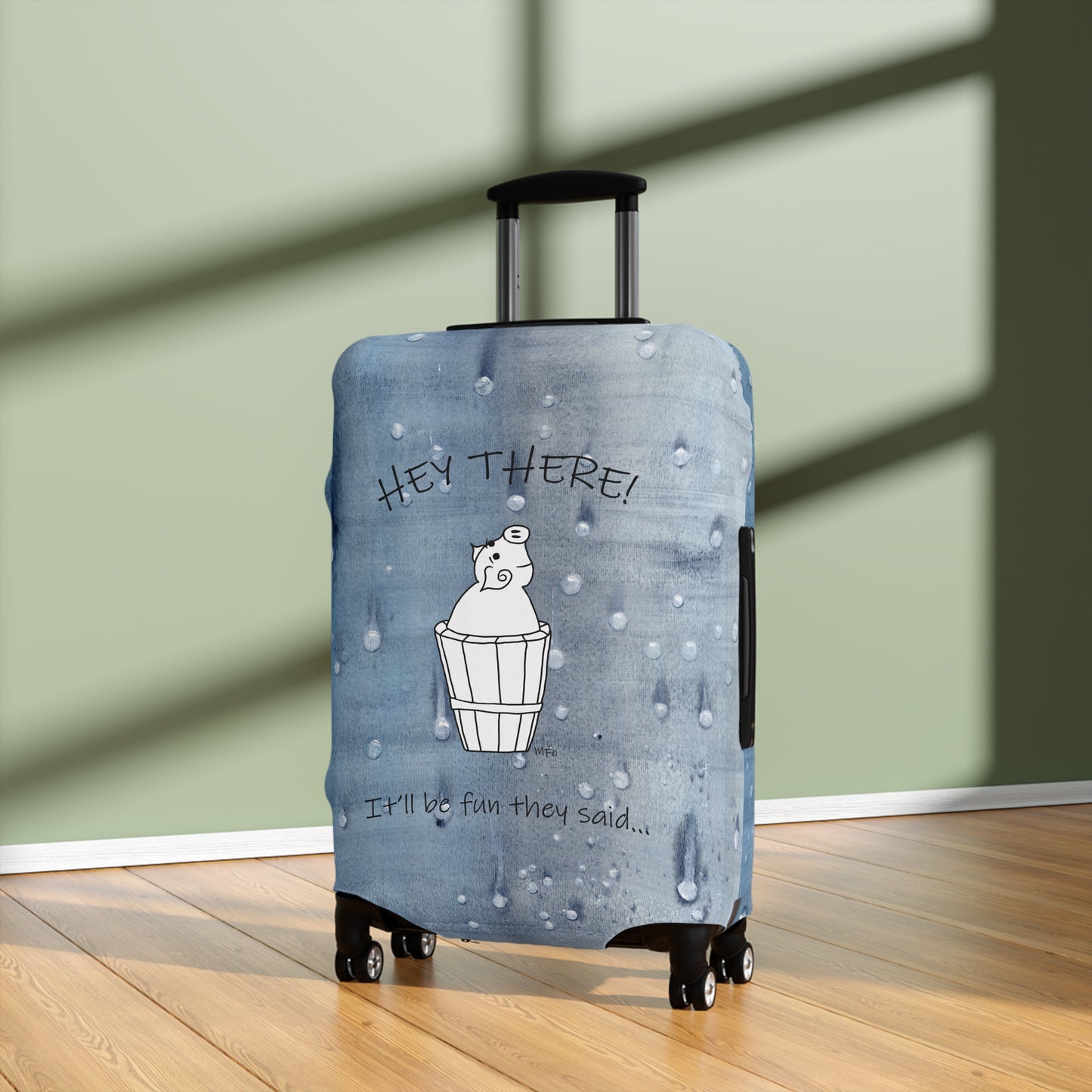 Luggage Cover, Mr. Pig - It'll be fun they said... on a blue wet look background by artist Marie Frederique