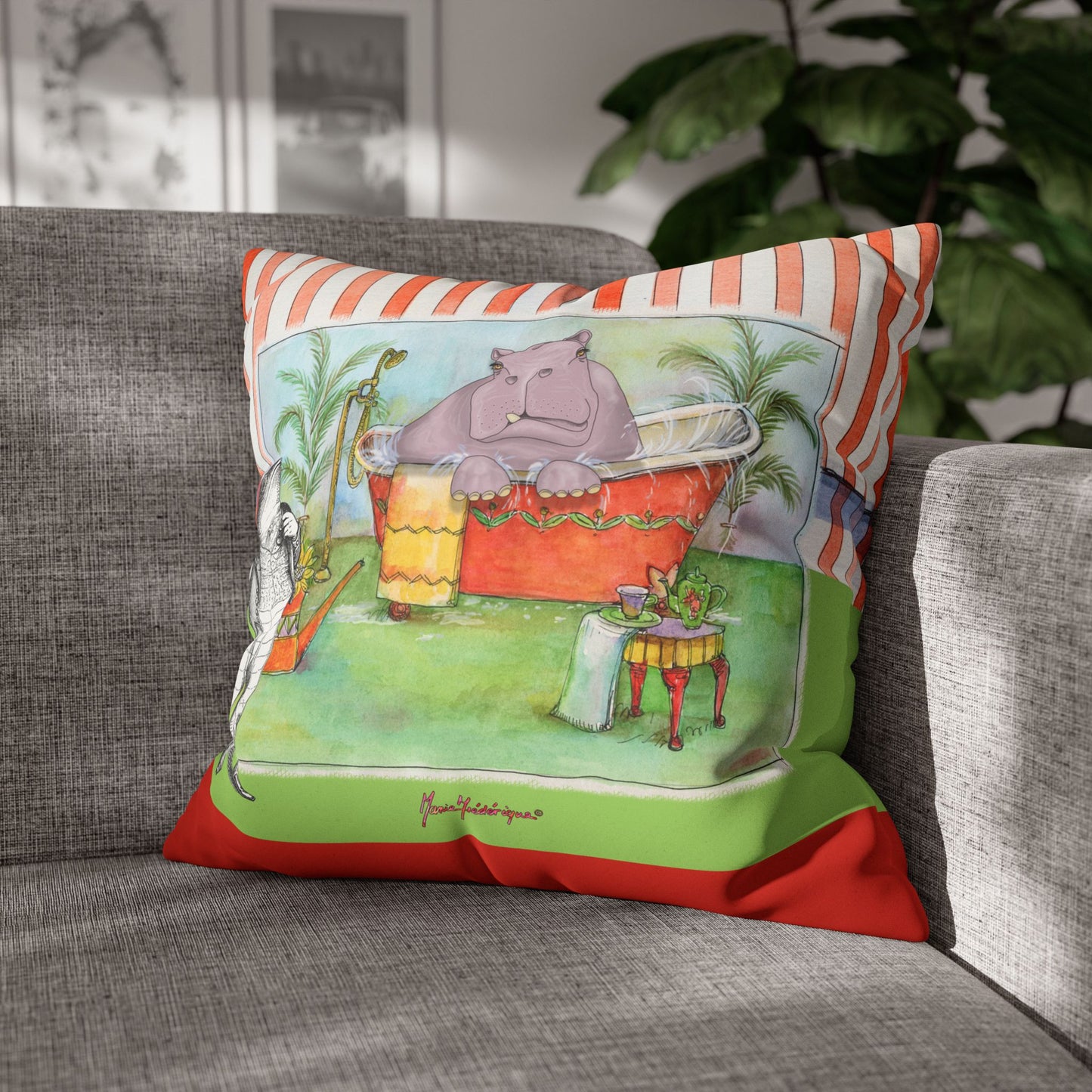 Hippo Bathtub Faux Suede Pillowcase – by artist Marie Frederique
