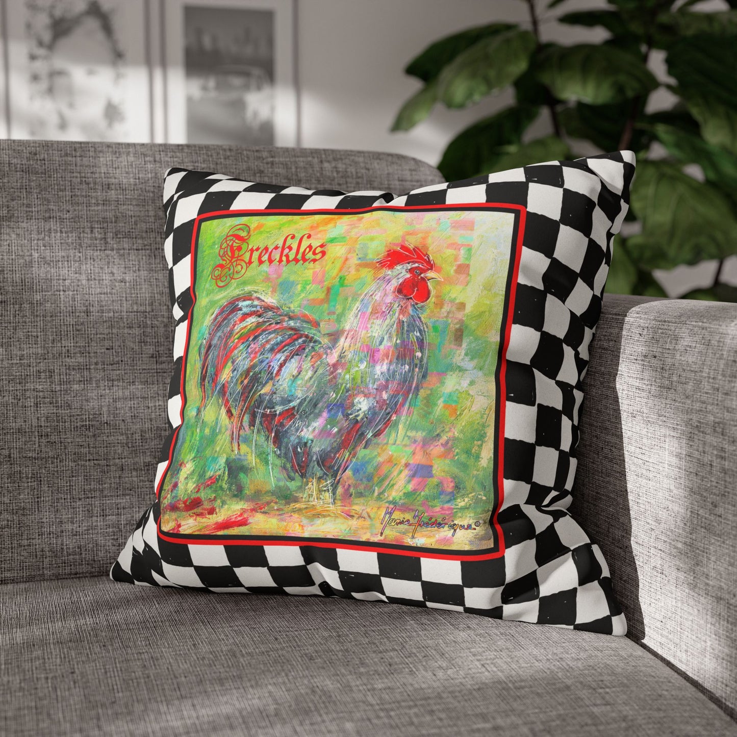 Rooster Checkered Faux Suede Pillowcase — "Freckles" Farmhouse Throw Pillow Cover by artist Marie Frederique