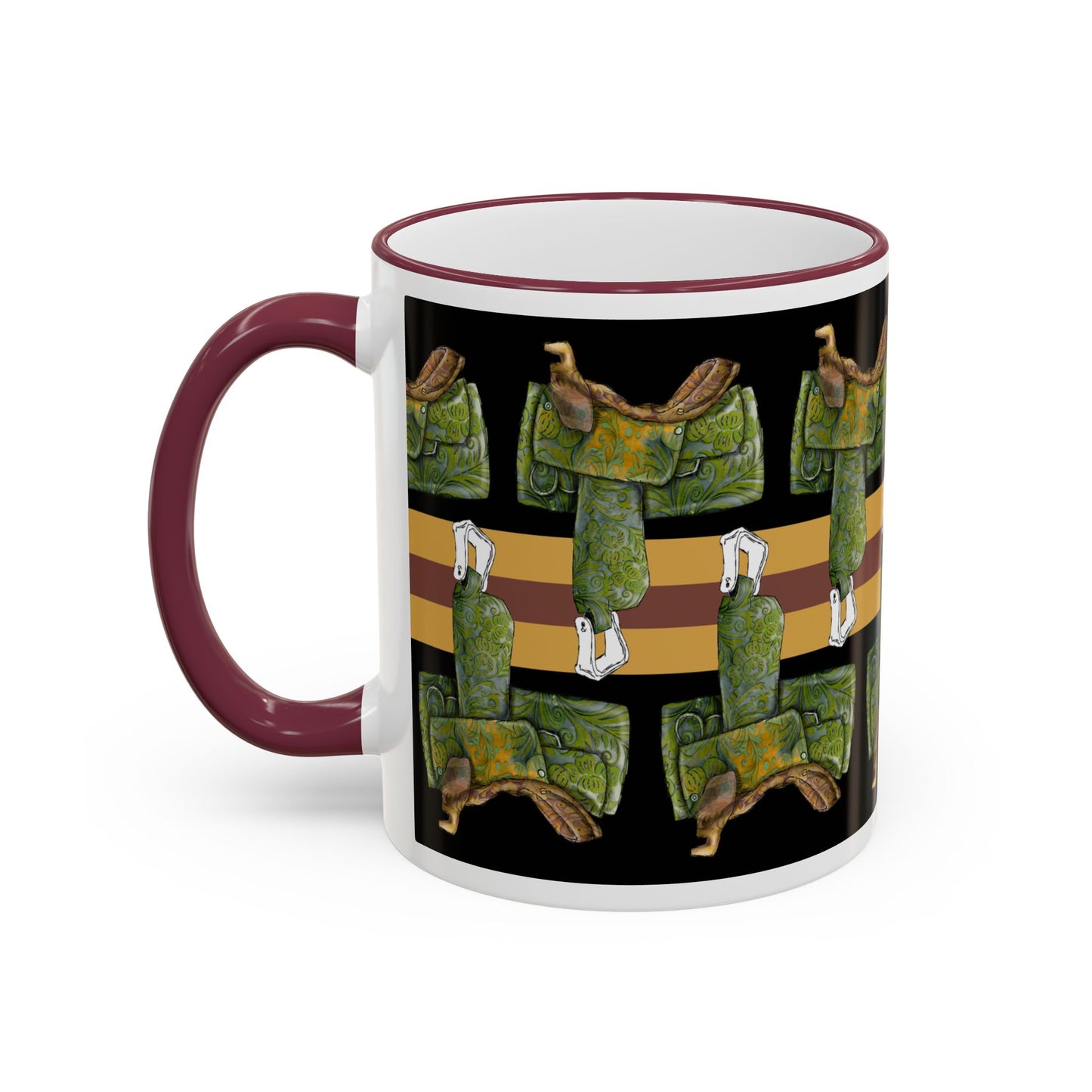 Western Saddle & Scarf Pattern Accent Rim Mug (11oz/15oz) by artist Marie Frederique