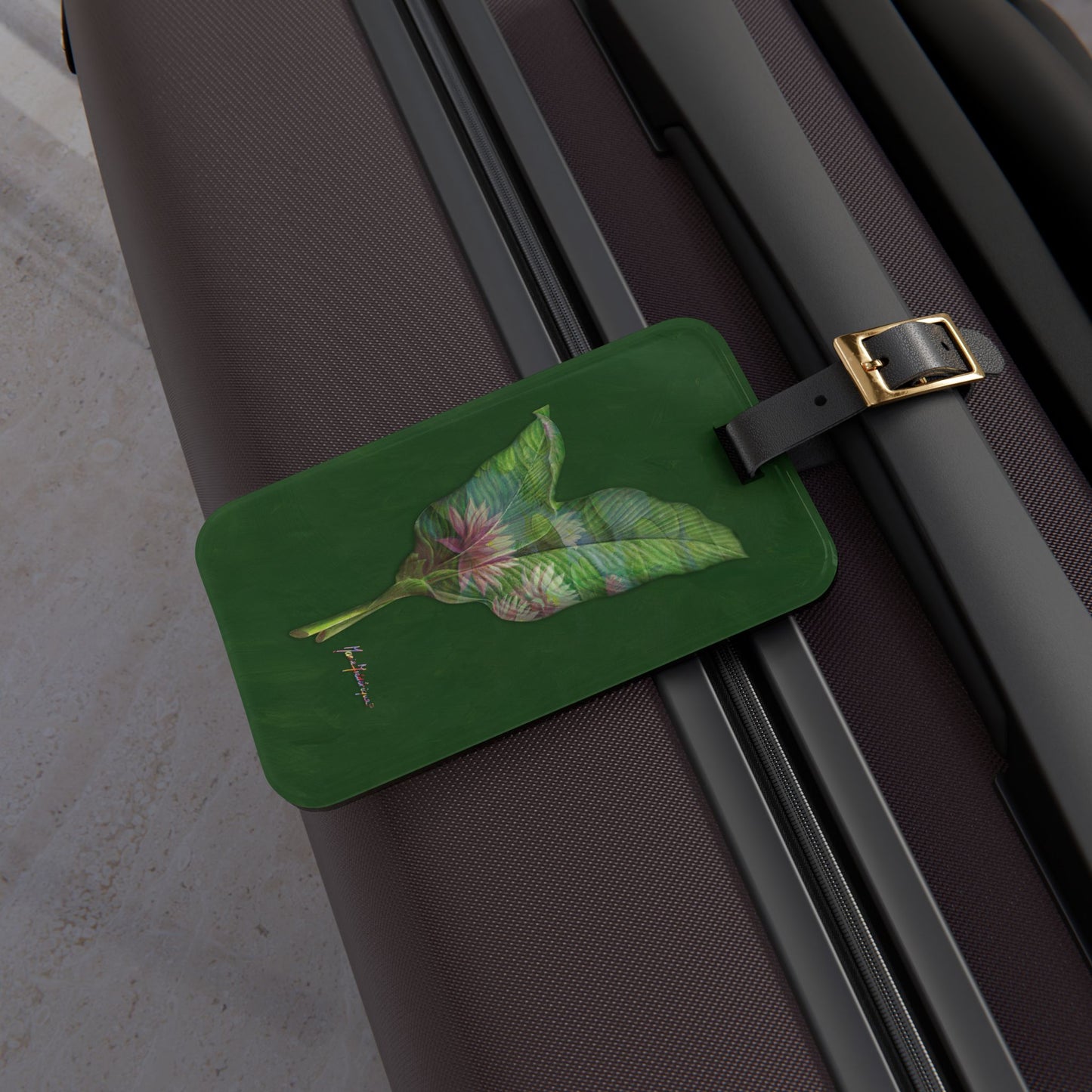 Luggage Tag with leather strap, Pink Lotus flower on a green background by artist Marie Frederique