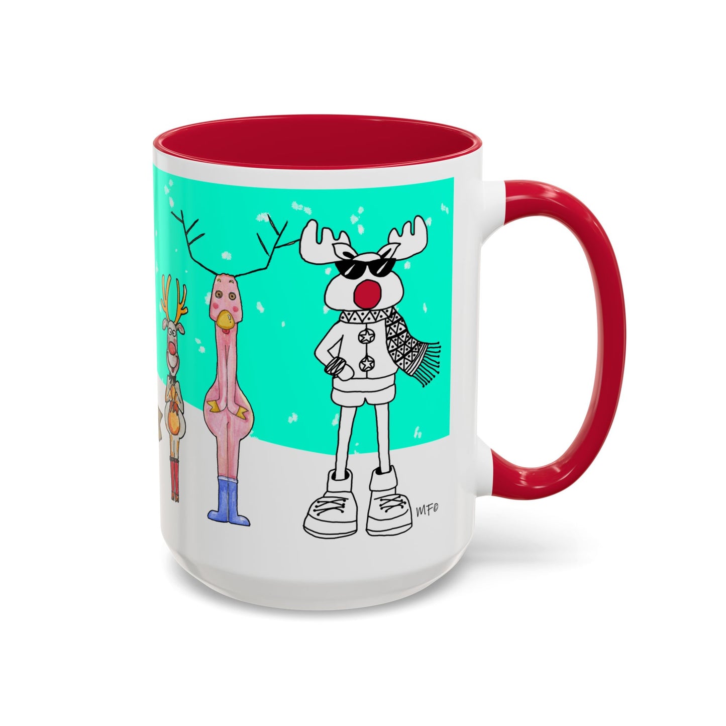 Santa's Job application line up, Christmas Mug, by artist Marie Frederique