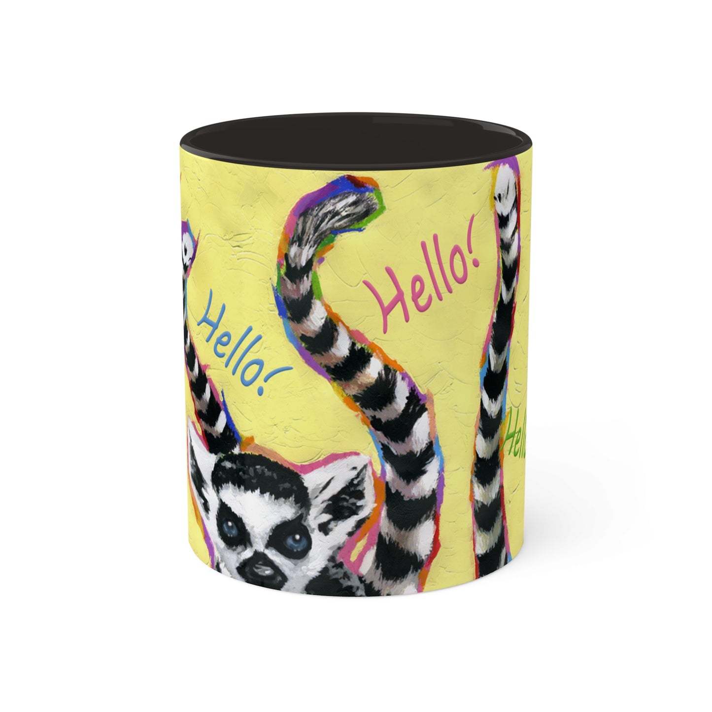 Lemurs from Madagascar scrambling to say "Hello" - Colorful Mug, 11oz By Artist Marie Frederique