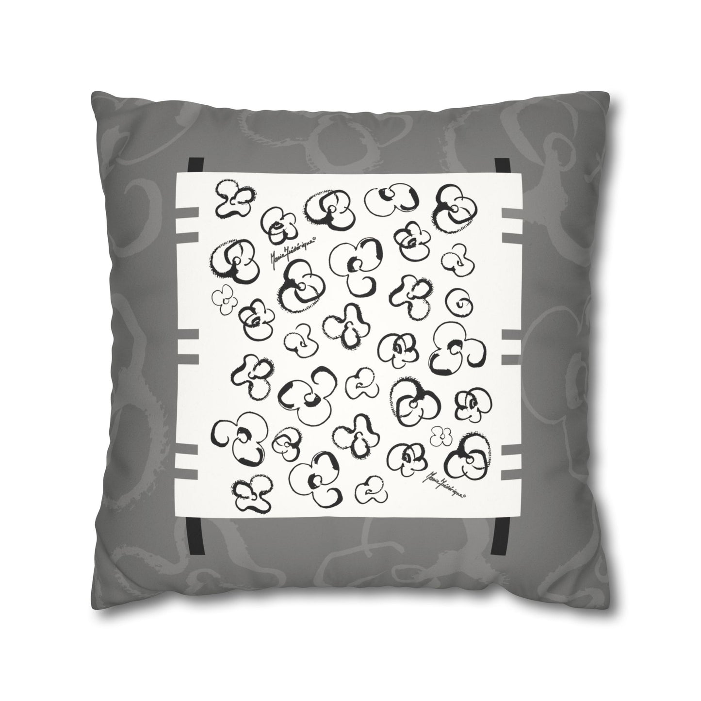 Black, White and Gray Floral Pop Art Faux Suede Pillowcase by artist Marie Frederique