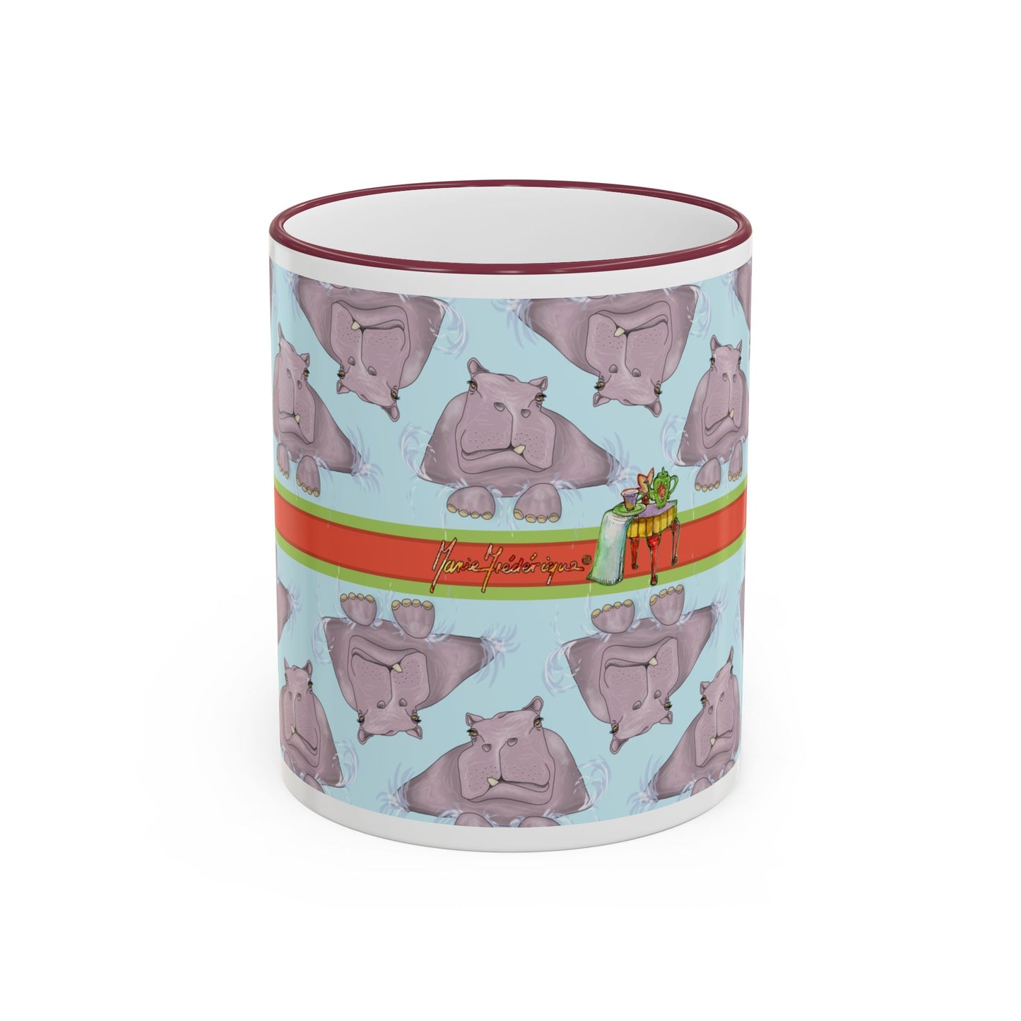 Happy Hippo Pattern Mug — Coffee Tea Mug (11oz, 15oz) by artist Marie Frederique