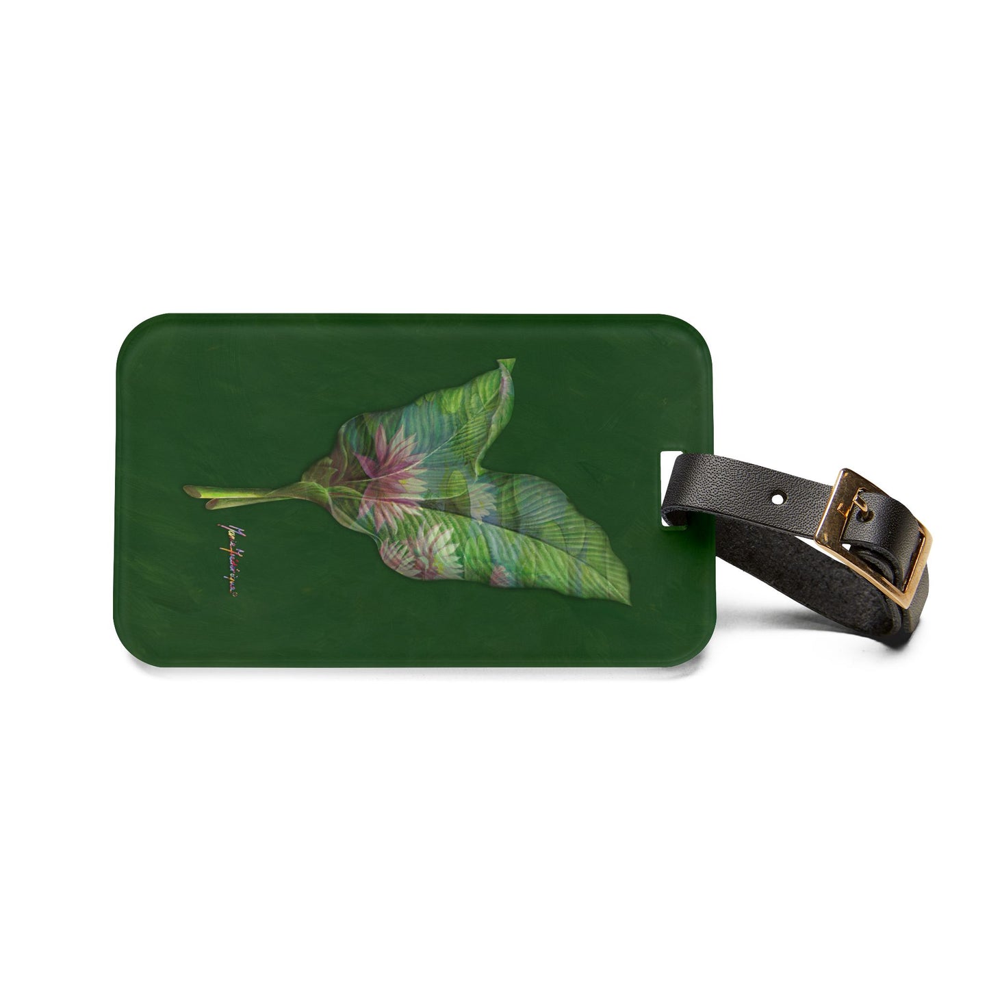 Luggage Tag with leather strap, Pink Lotus flower on a green background by artist Marie Frederique