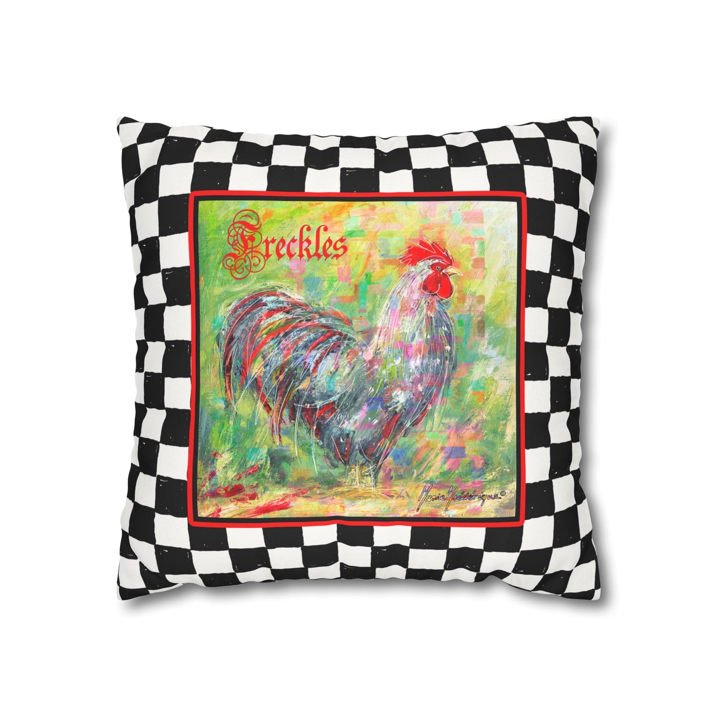 Rooster Checkered Faux Suede Pillowcase — "Freckles" Farmhouse Throw Pillow Cover by artist Marie Frederique