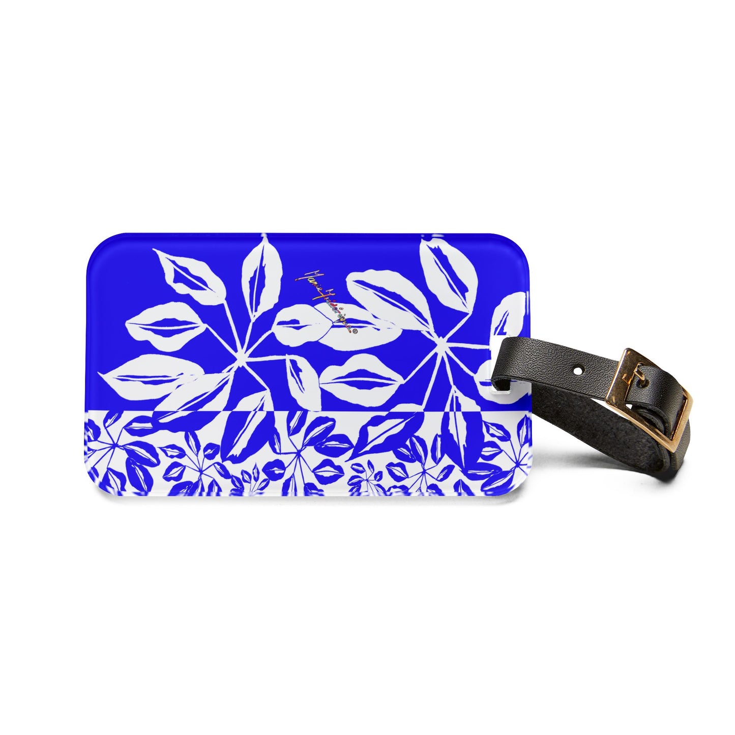 Luggage Tag with leather strap, Tropical Leaves Blue and White by artist Marie Frederique