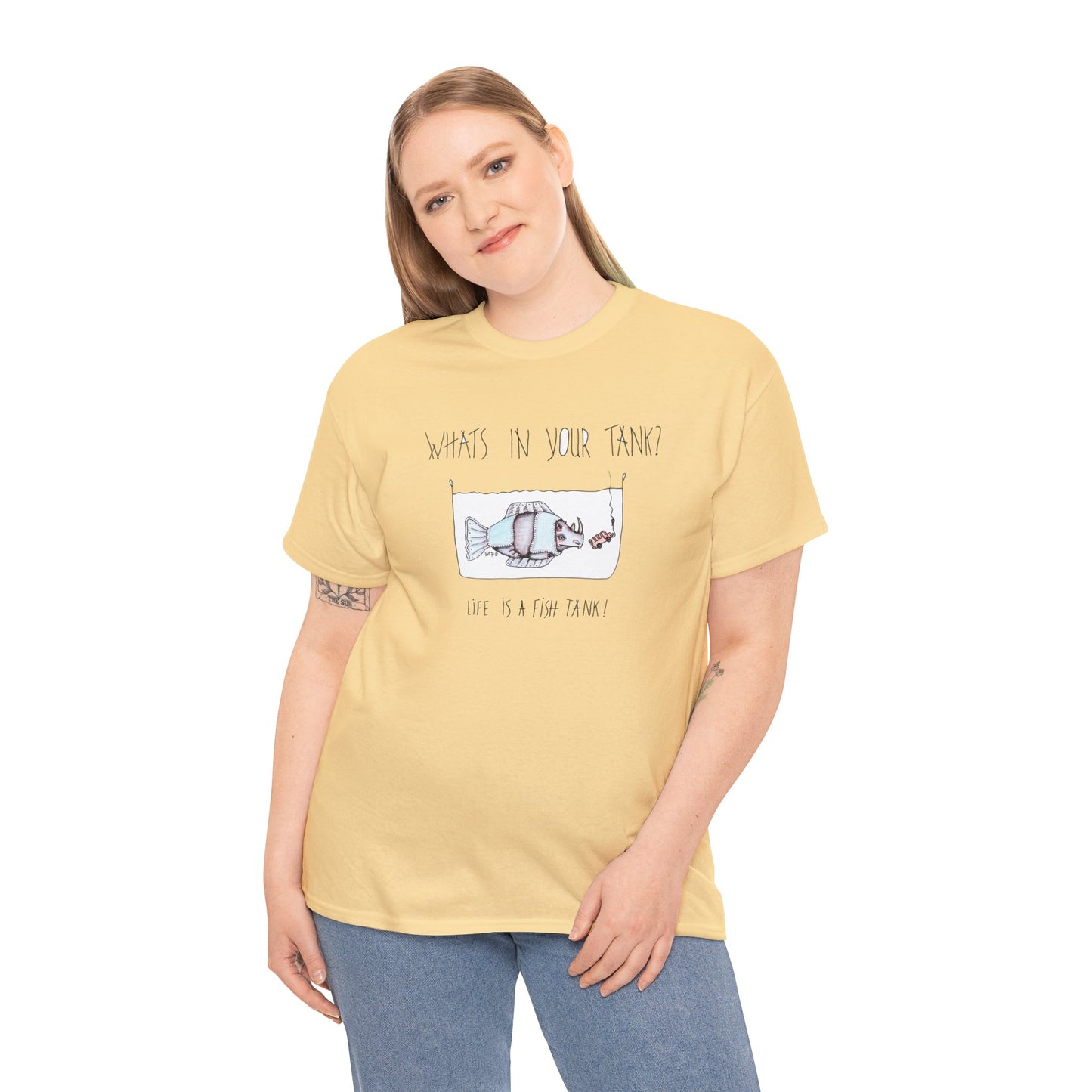 Life is a Fish Tank Collection, "What's in your tank?  Rhino Fish with dangling bait/vehicle on a hook. Unisex Heavy Cotton Tee by artist Marie Frederique