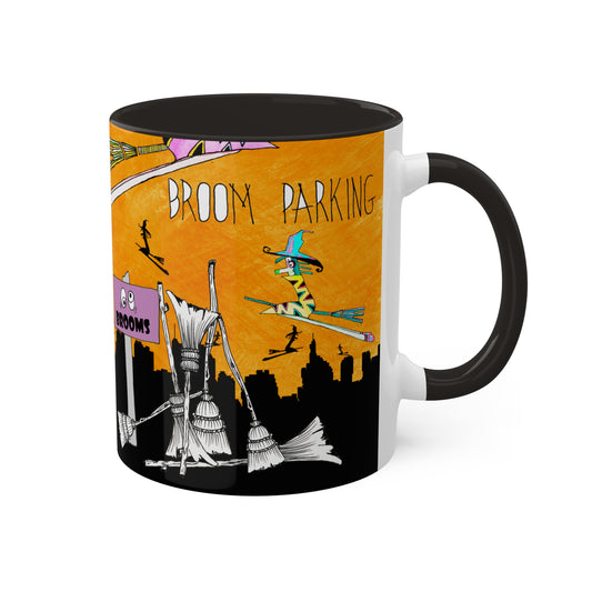 Halloween Broom Parking, Colorful Mugs, 11oz by artist Marie Frederique