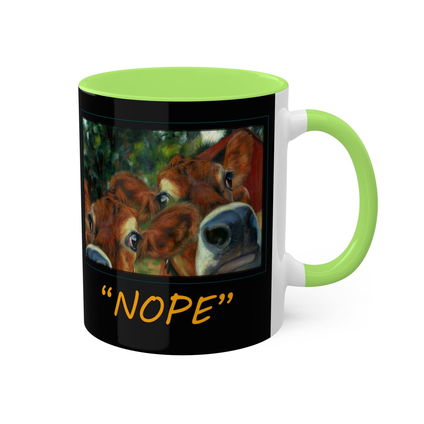 Cow art print, Colorful Udder "Nope" Mug in 3 colors, Black, Orange and light Green, 11oz by Artist Marie Frederique