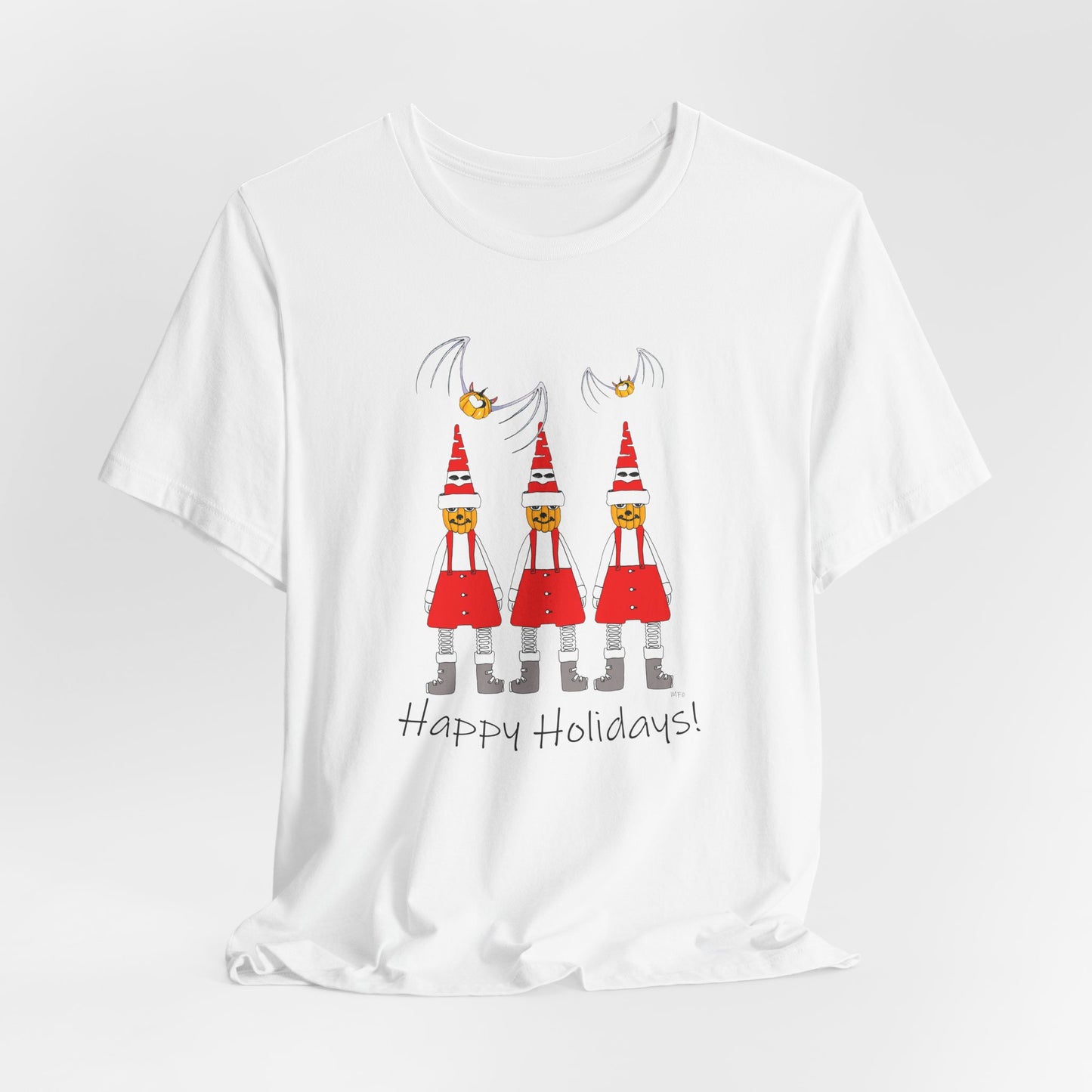 Holiday Pumpkin Santas - Unisex Short Sleeve Tee by artist Marie Frederique