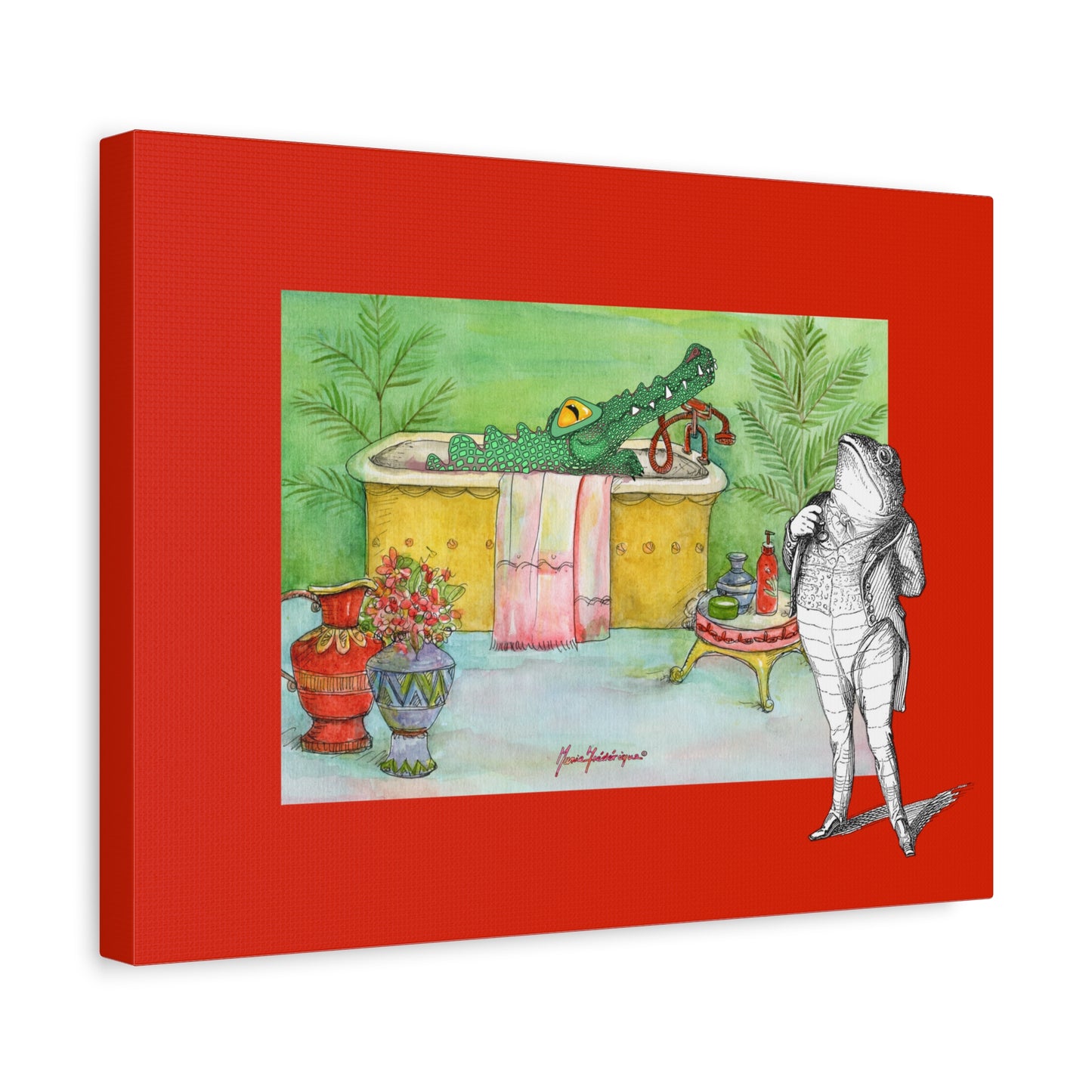Funny Alligator Bath Canvas Wall Art — Whimsical Animal Bathroom Decor by artist Marie Frederique