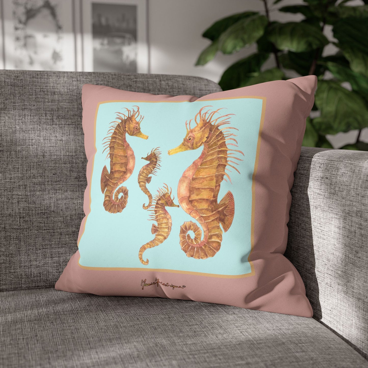 Seahorse Family Faux Suede Pillowcase – Coastal Decorative Throw Pillow by artist Marie Frederique