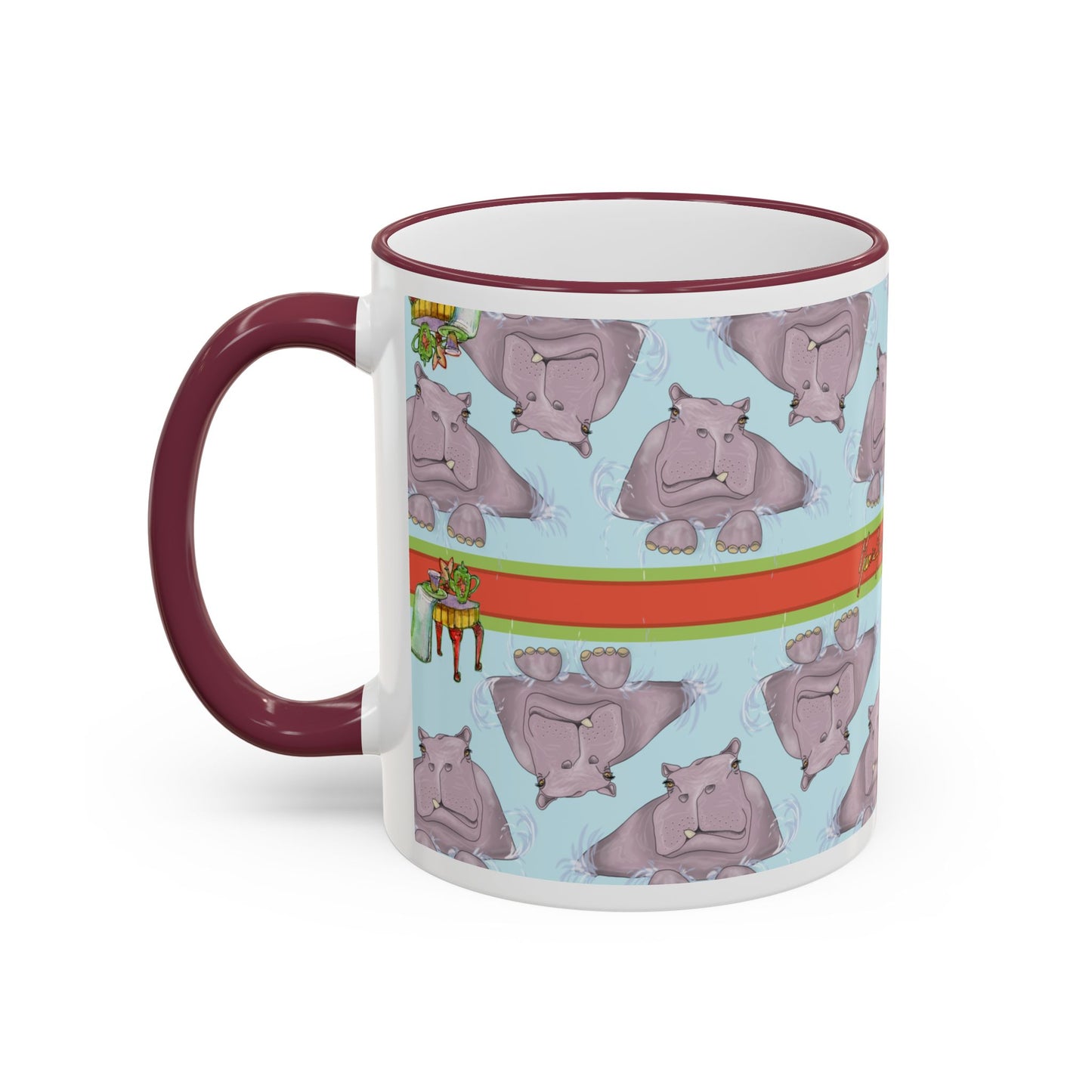 Happy Hippo Pattern Mug — Coffee Tea Mug (11oz, 15oz) by artist Marie Frederique