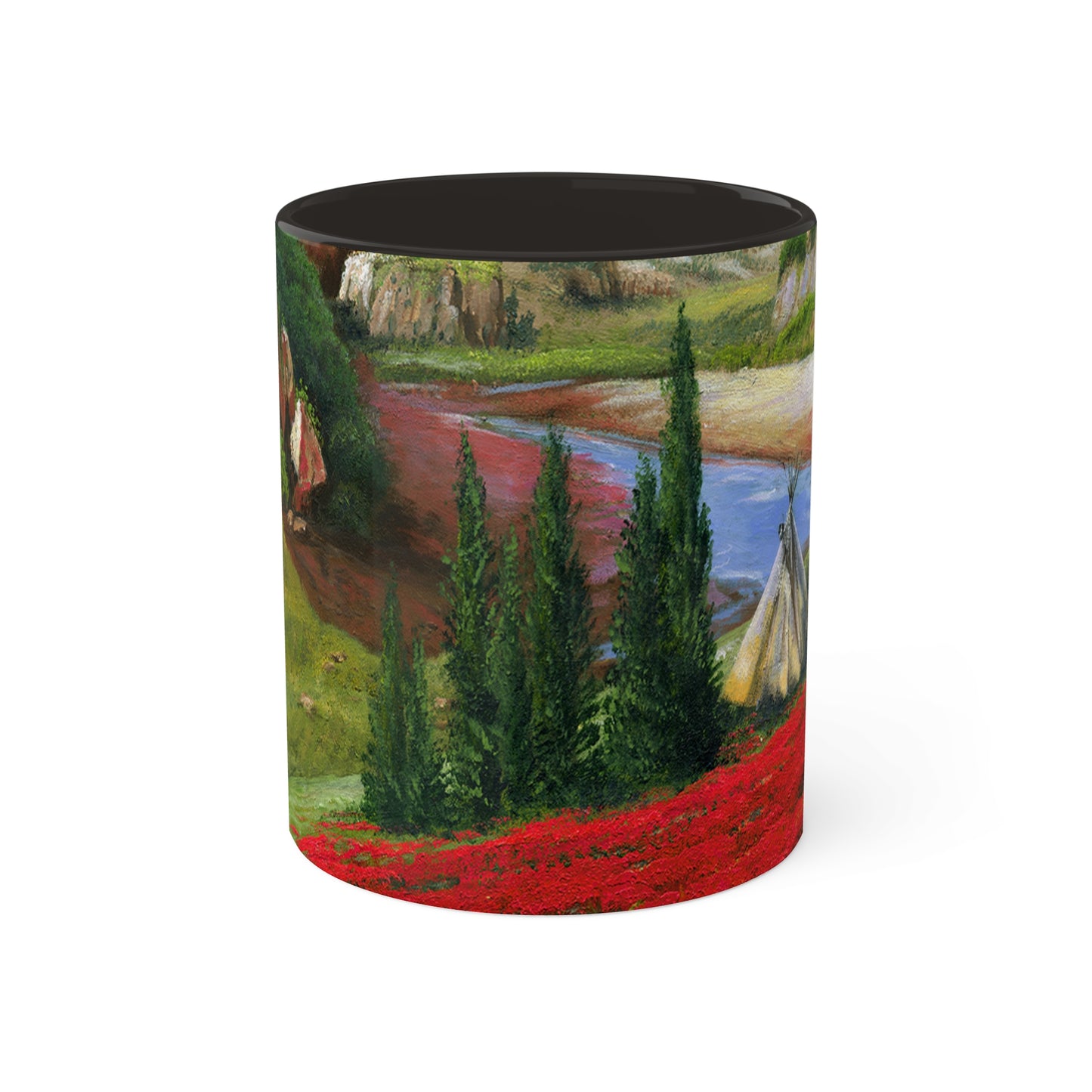 Indian Summer teepees and Poppies with a backdrop of canyons in 4 colors, red, black, yellow and light green - Colorful Mug, 11oz By Artist Marie Frederique