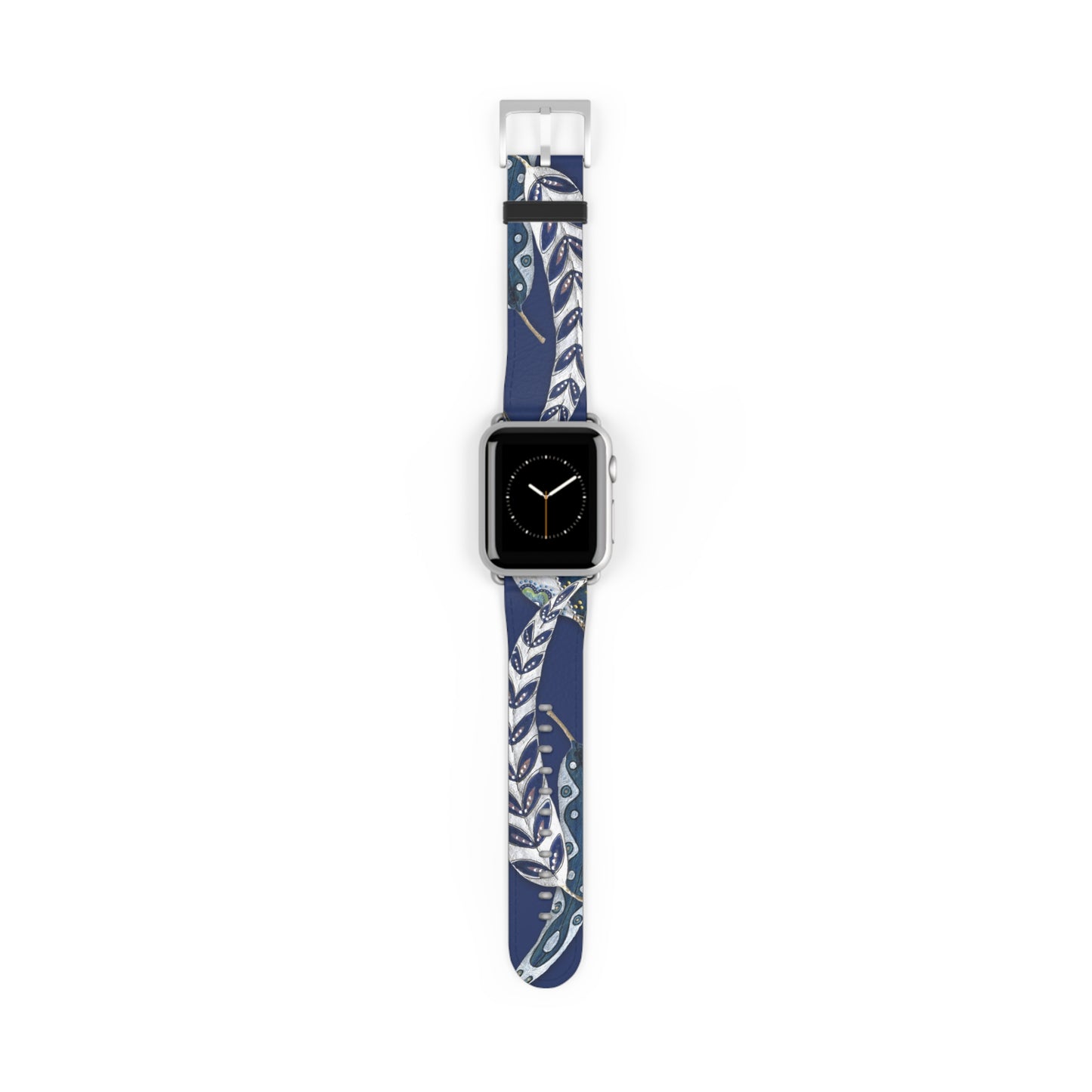 Blue Planet Series, Navy and White painted leaves on faux leather Watch Band by artist Marie Frederique