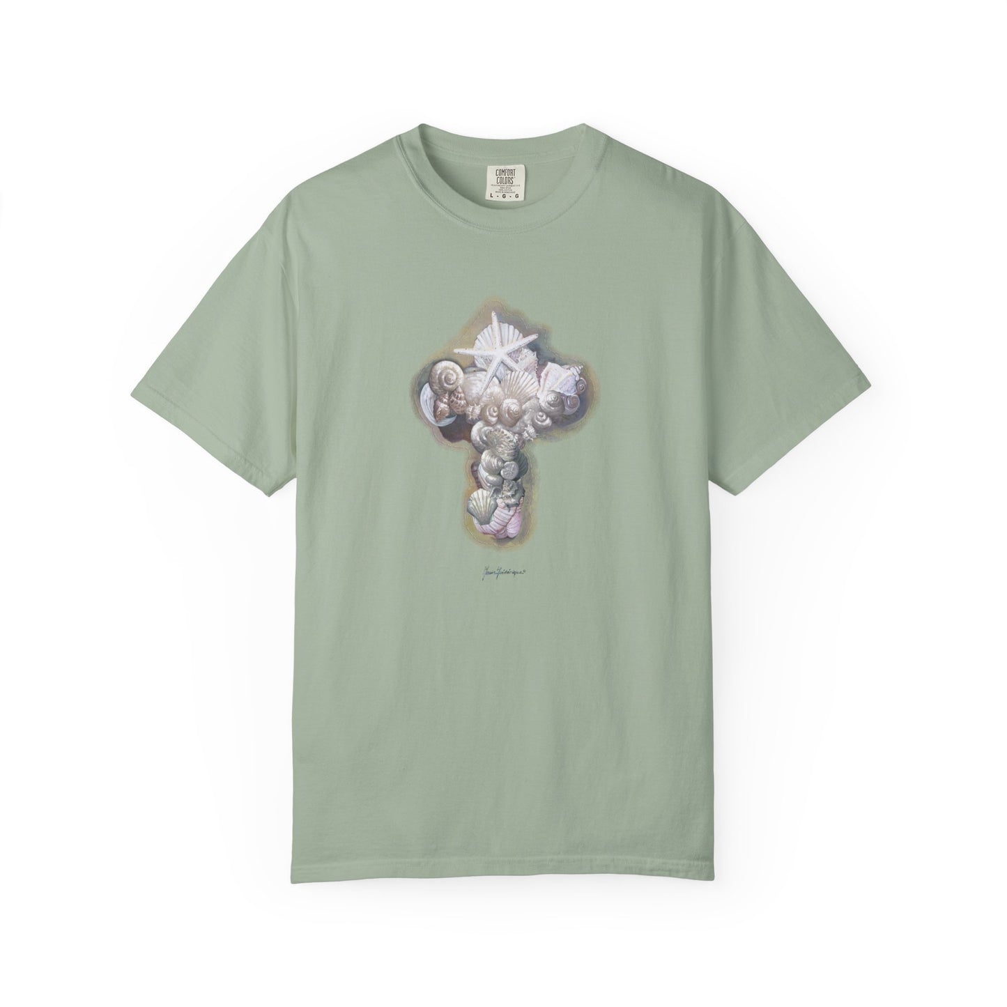 Cross of seashells, Coastal Graphic T-Shirt by artist Marie Frdeerique