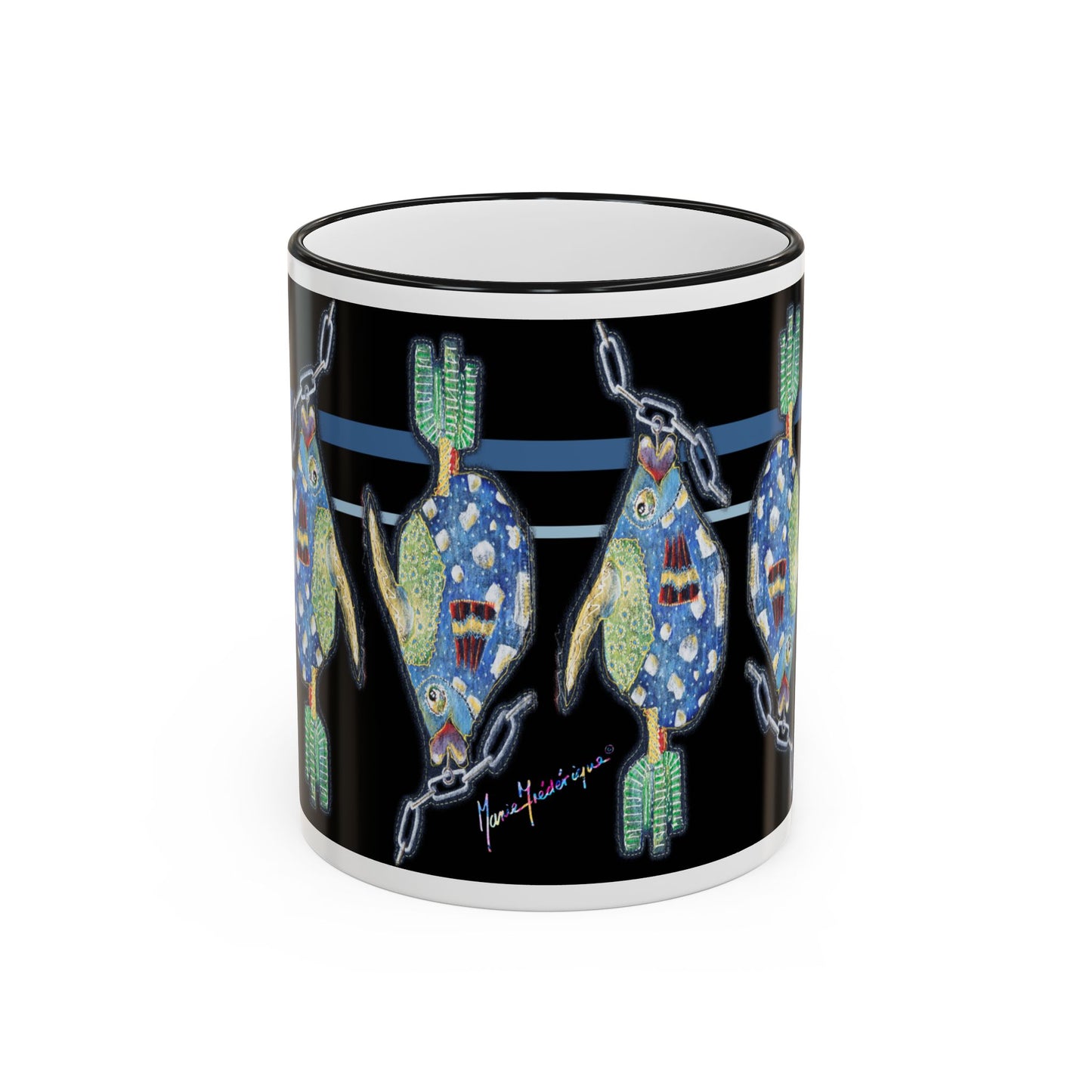 Fish on a Line Accent Rim Mug (11oz/15oz) by artist Marie Frederique