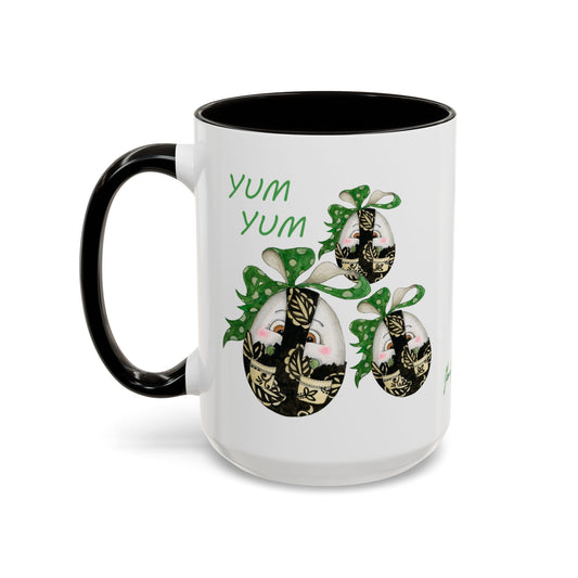 Whimsical Egg Wrap 4 "Yum Yum", Colorful Mug in black, red or light green, by Artist Marie Frederique