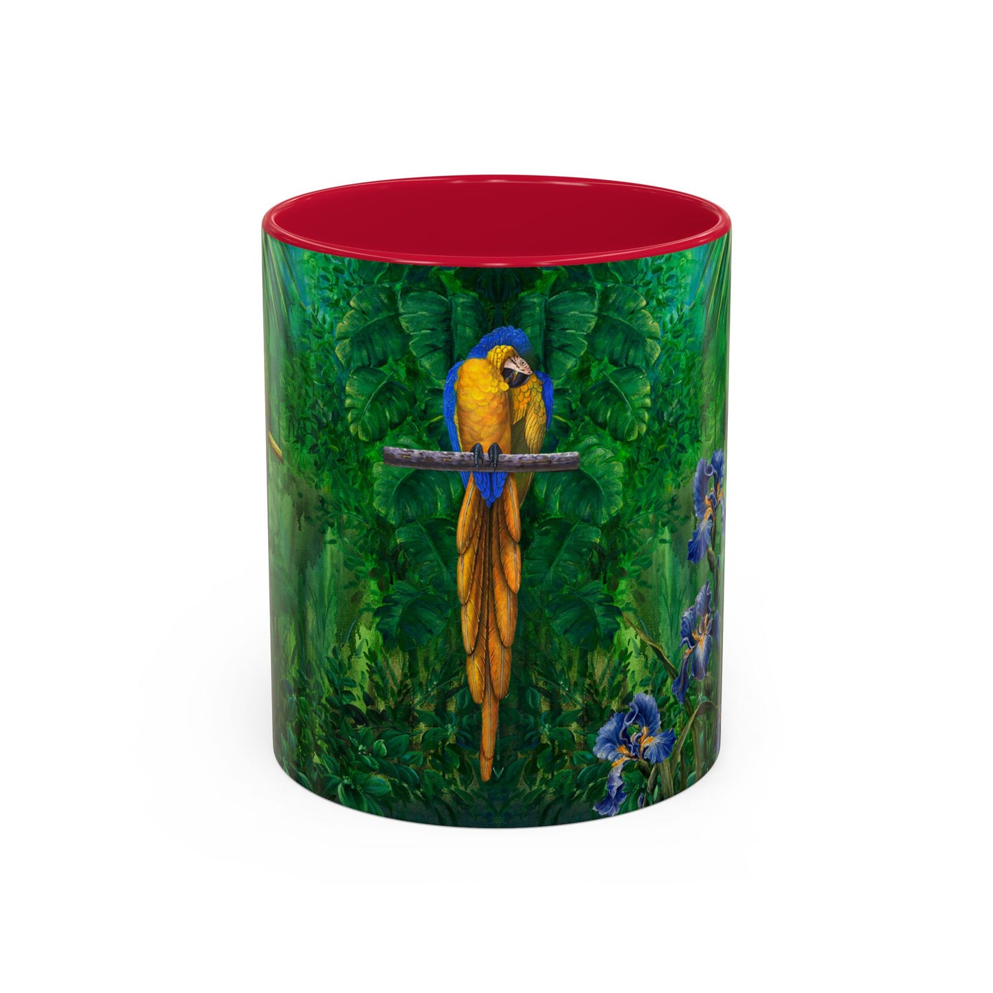 Parrots in Jungle Forest & Blue Iris mug by Artist Marie Frederique