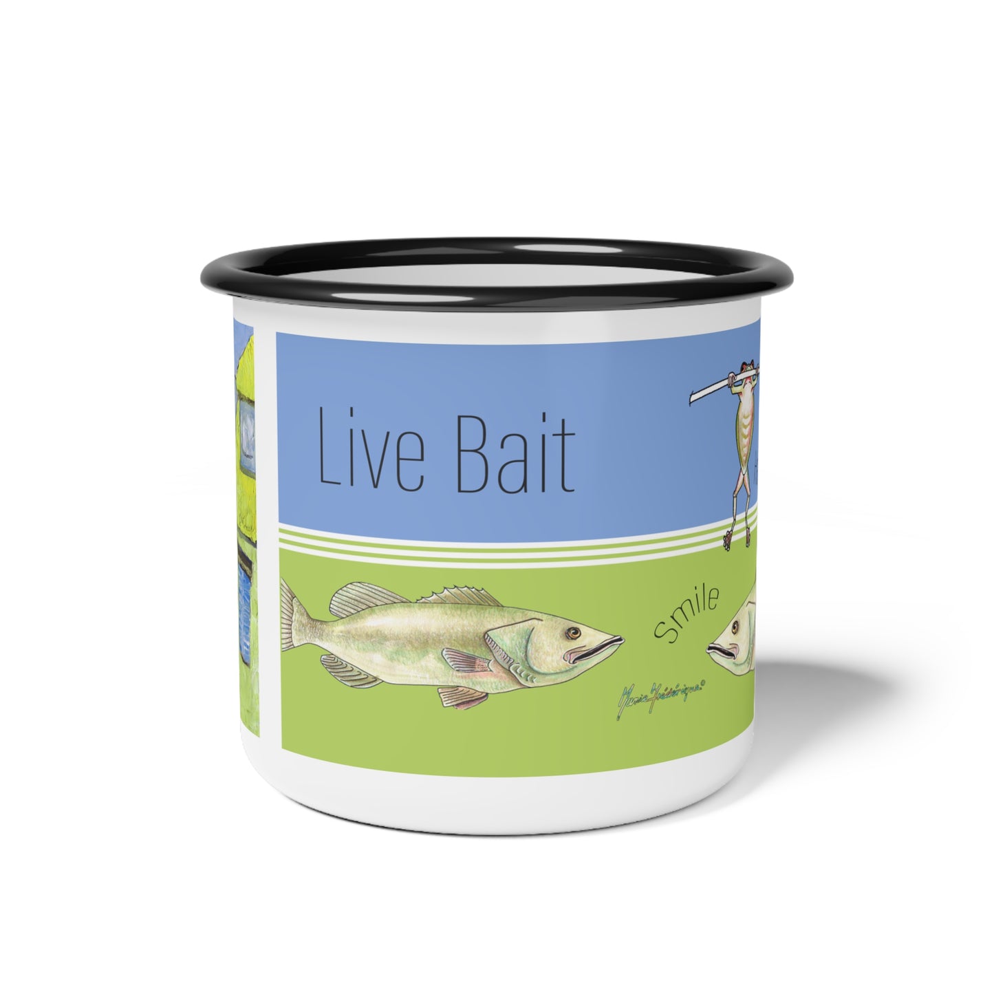 Hang in there, Fishing & Frog lovers metal mug by artist Marie Frederique