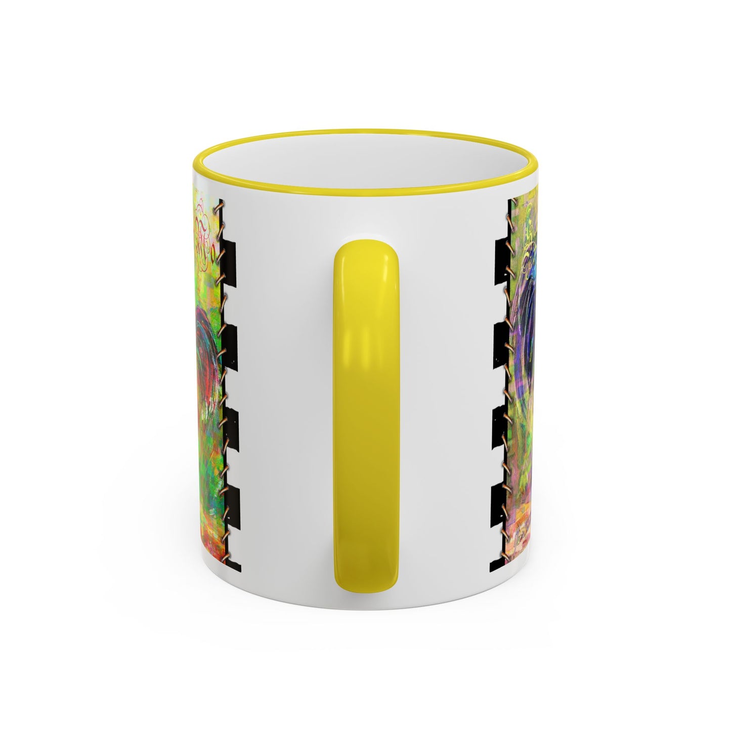 Checkerboard, Slo Mo & Sylvester Rooster Accent Rim Mug — Colorful Farmhouse Coffee Cup (11oz & 15oz) by artist Marie Frederique