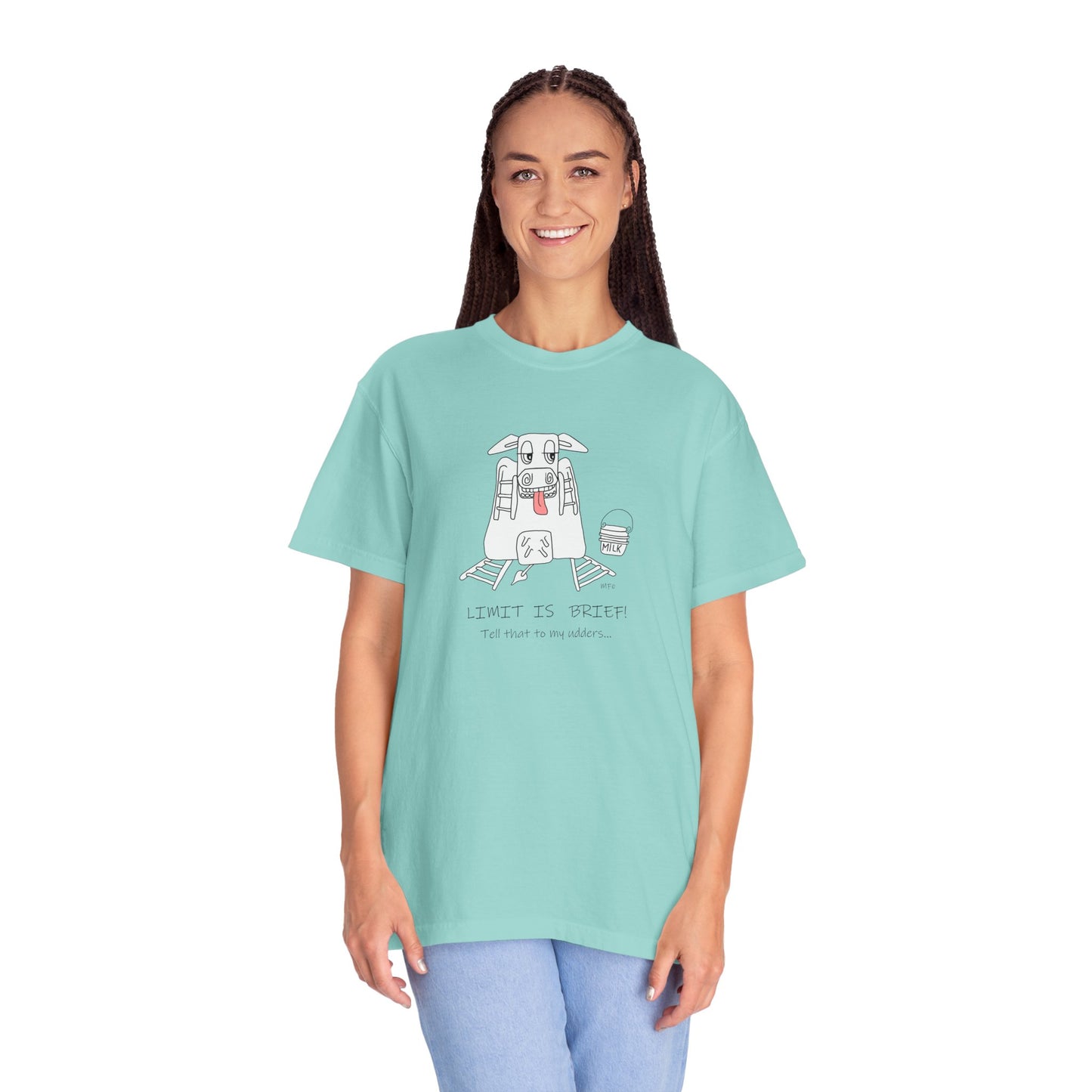 Cow lovers, LIMIT IS BRIEF! Tell that to my udders... T-shirt by artist Marie Frederique