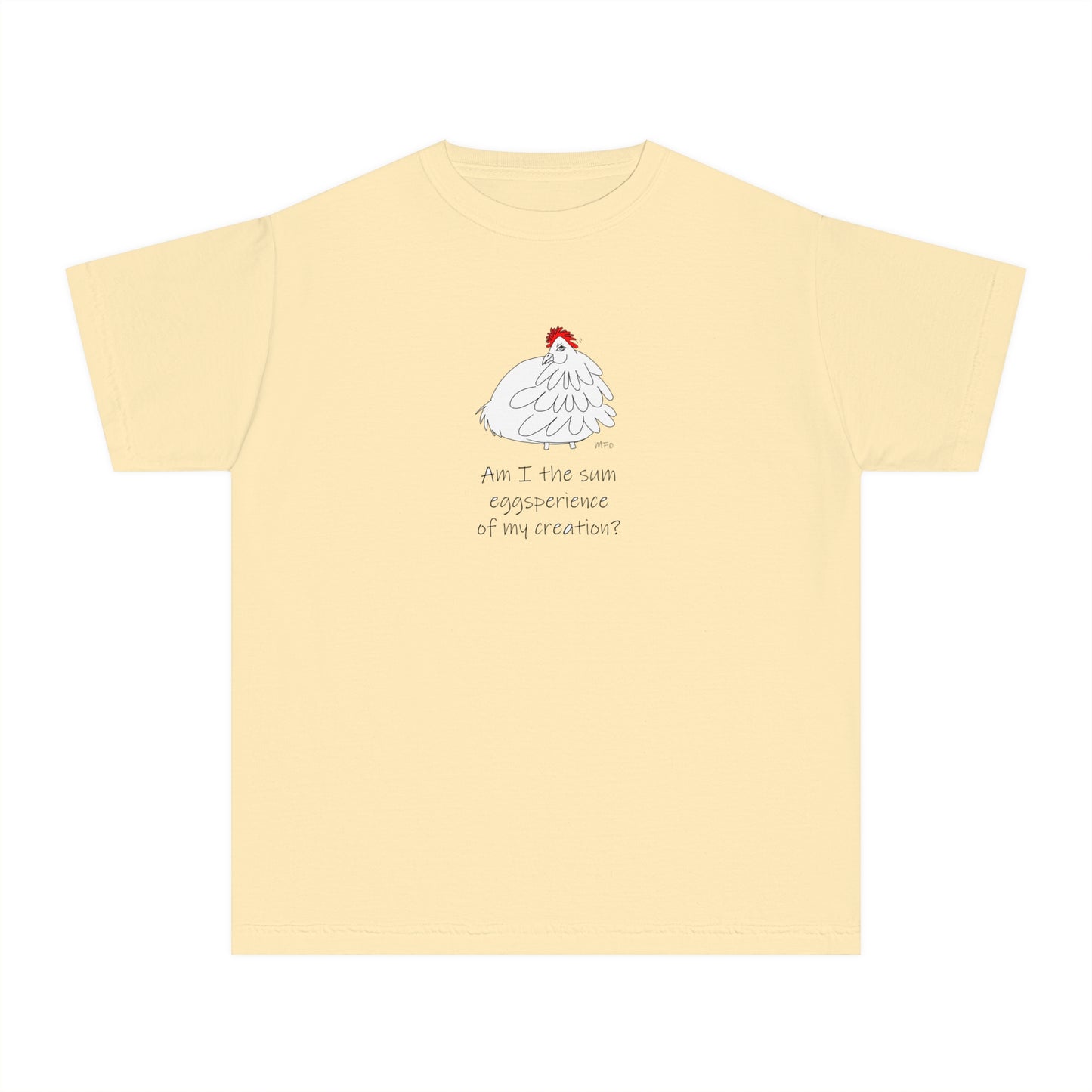 Funny Youth Midweight Tee - "Am I the sum eggsperience of my creation?" Chick Graphic by artist Marie Frederique