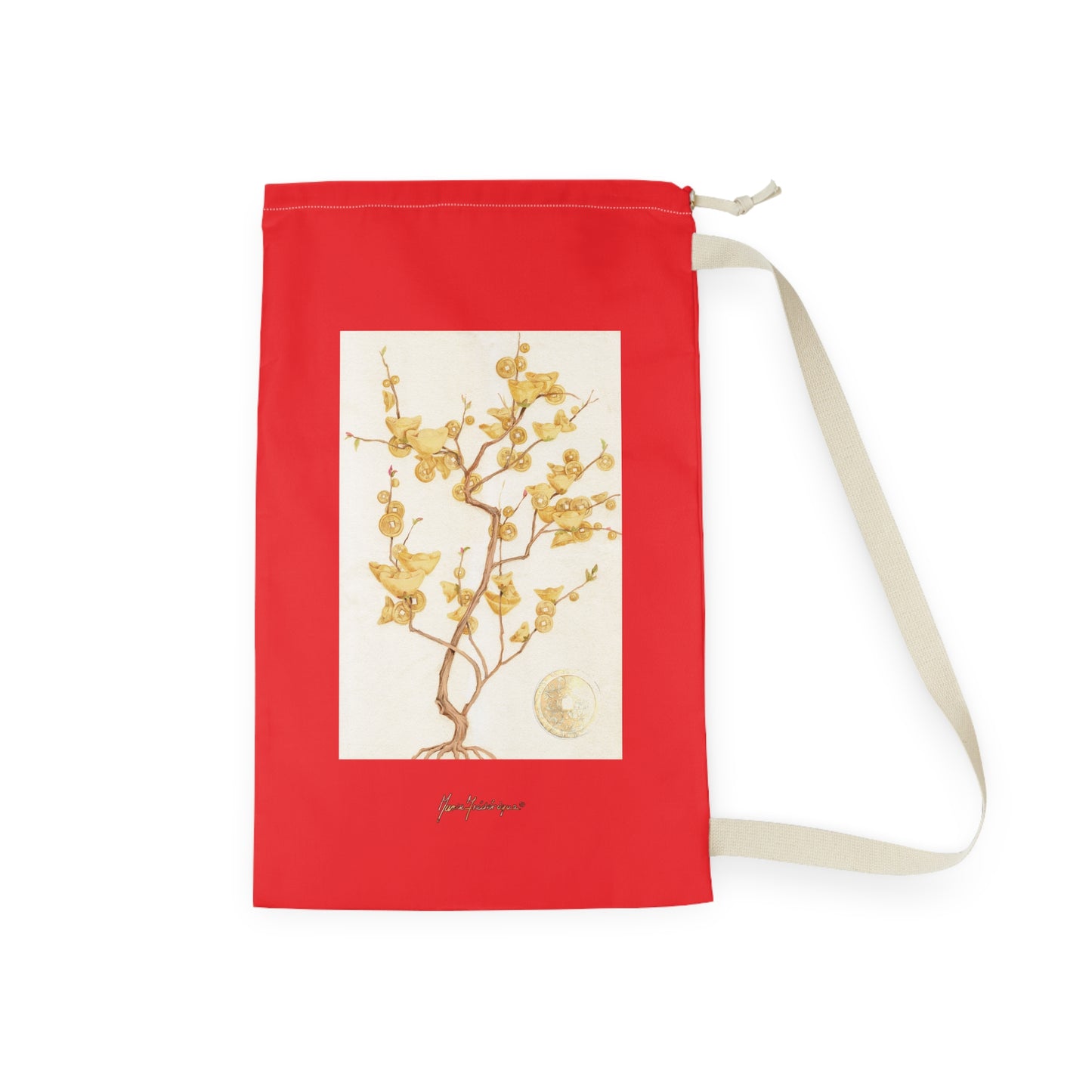 Floral Golden Money Tree Laundry Bag — Drawstring Laundry Sack by artist Marie Frederique