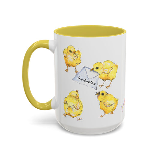 Bunny mailbox with yellow chicks holding an Invitation, Colorful Mug by Artist Marie Frederique