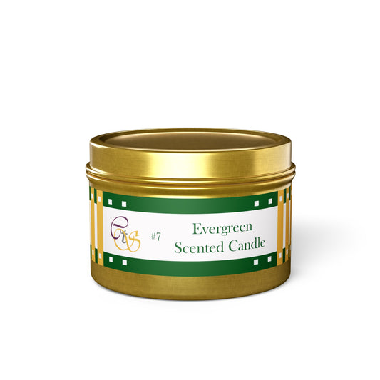 CTS #7 Candle Collection "Evergreen" Scented Coconut Soy Wax Candle in a metal tin. 4 oz or 8 oz, 3 tin colors silver, black or gold