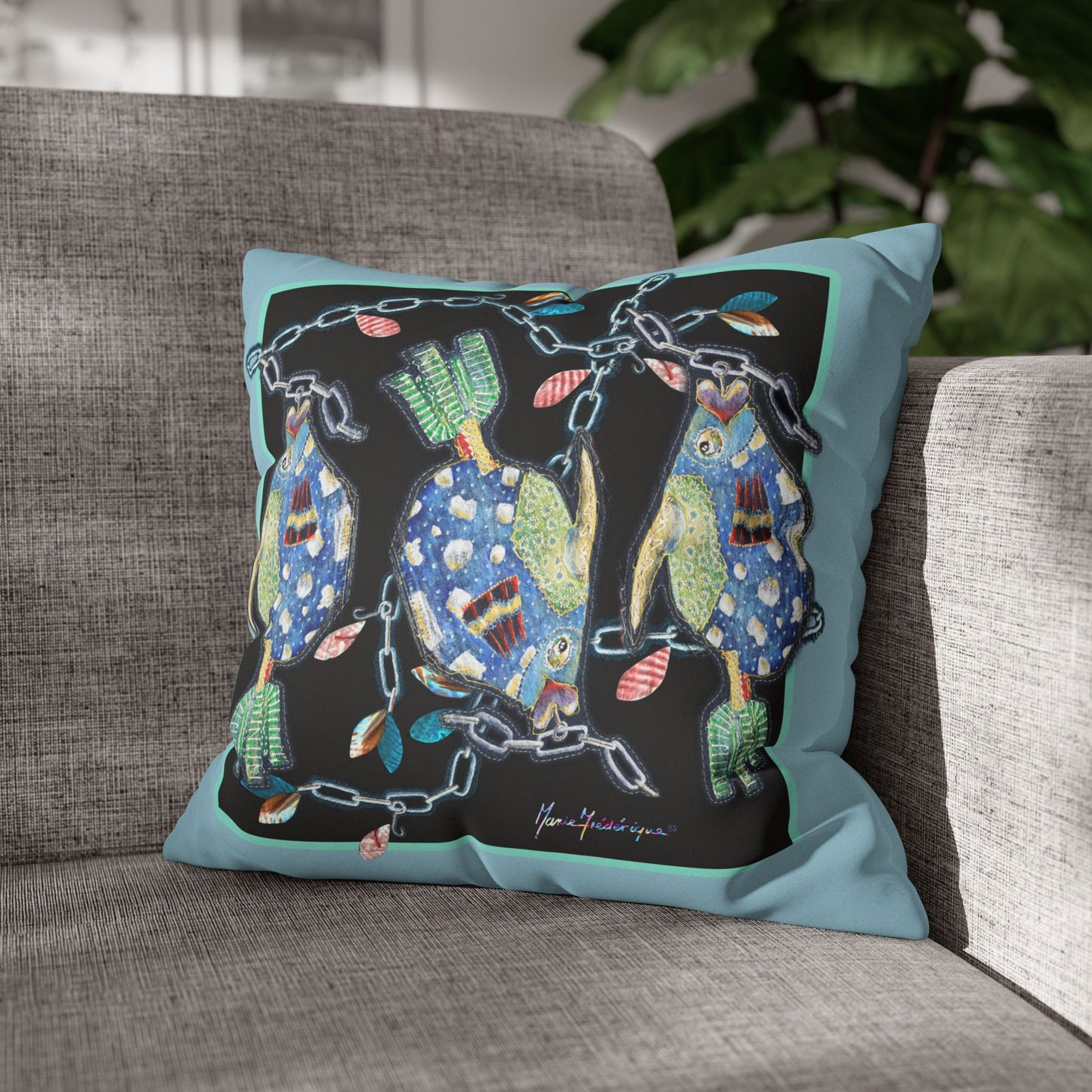 Fishing Faux Suede Pillowcase — Colorful Folk Art fish by artist Marie Frederique