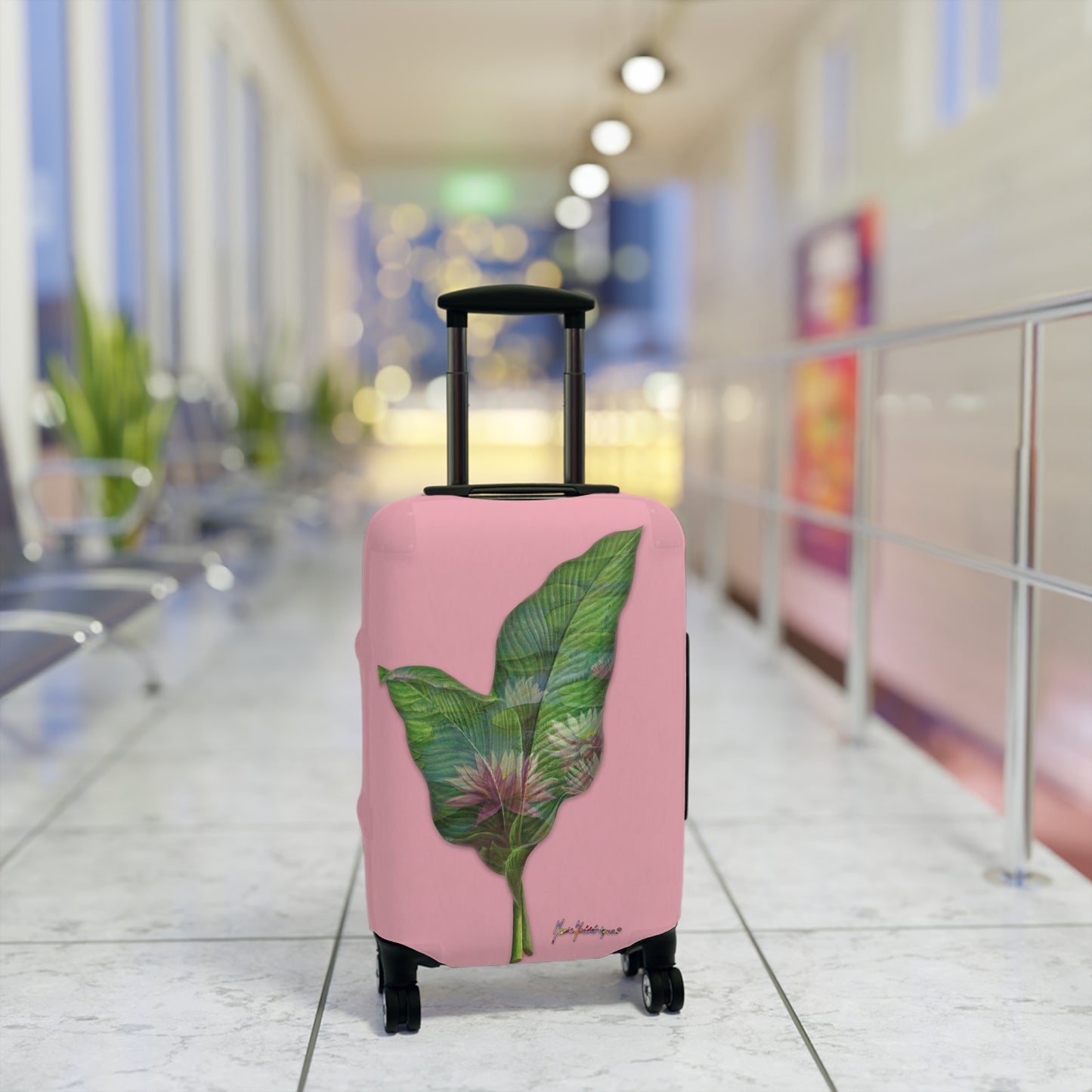 Luggage Cover, Pink lotus flower on pink background by artist Marie Frederique