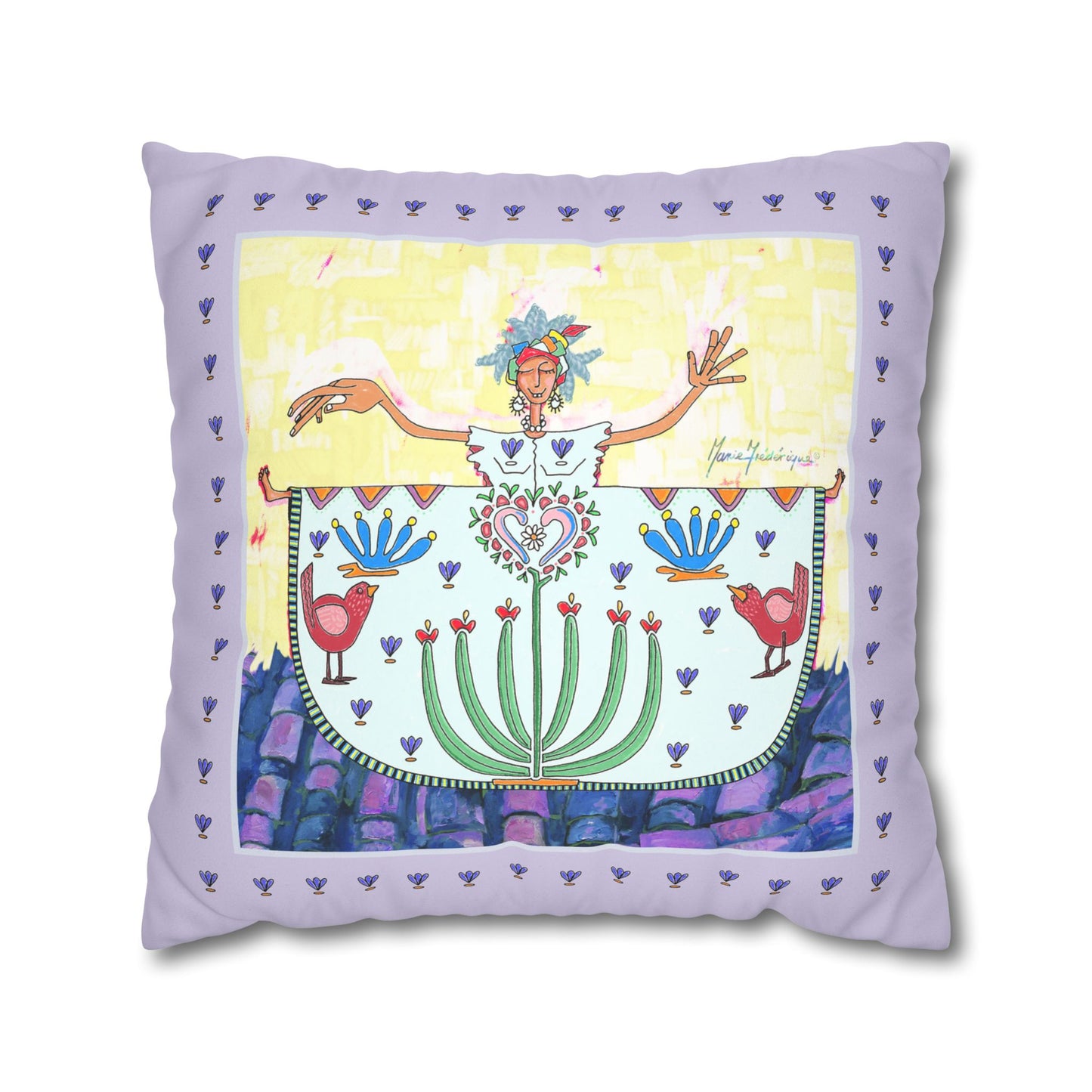 Chic Island Lavender Folk Art Pillowcase — Colorful Woman & Floral Motif Faux Suede Square Pillow by artist Marie Frederique