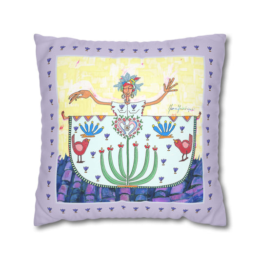 Chic Island Lavender Folk Art Pillowcase — Colorful Woman & Floral Motif Faux Suede Square Pillow by artist Marie Frederique