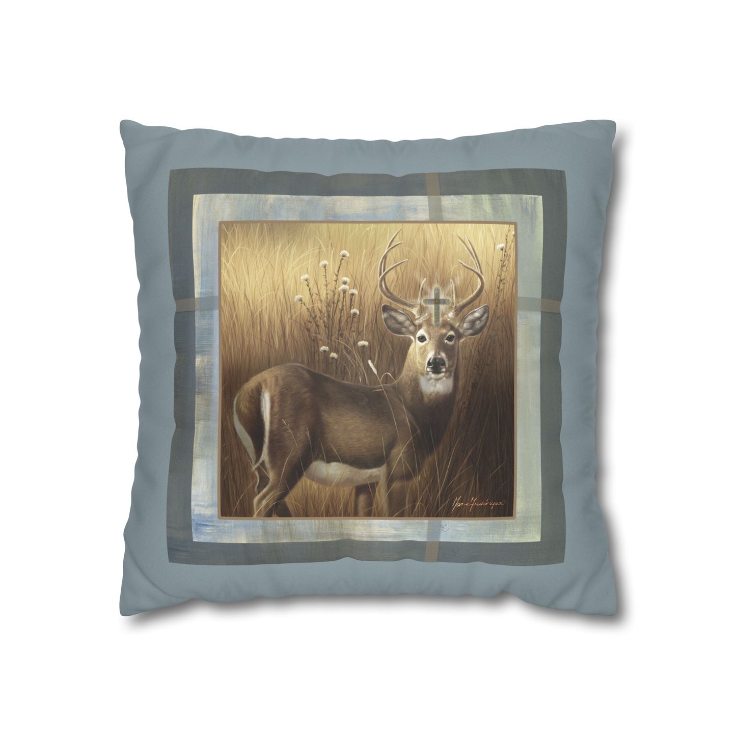 Christian Stag, Deer Faux Suede Pillowcase — Rustic Wildlife by artist Marie Frederique