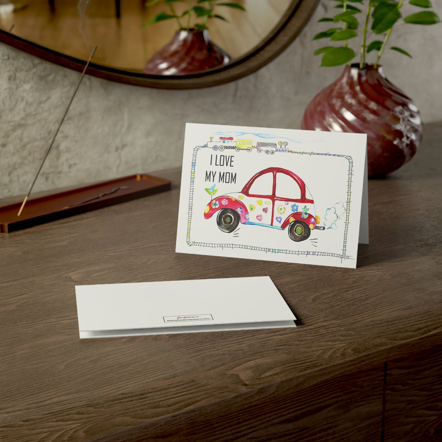 Mother's Day - I LOVE MY MOM, Red Beetle Car and train track Greeting Card for boys by Artist Marie Frederique