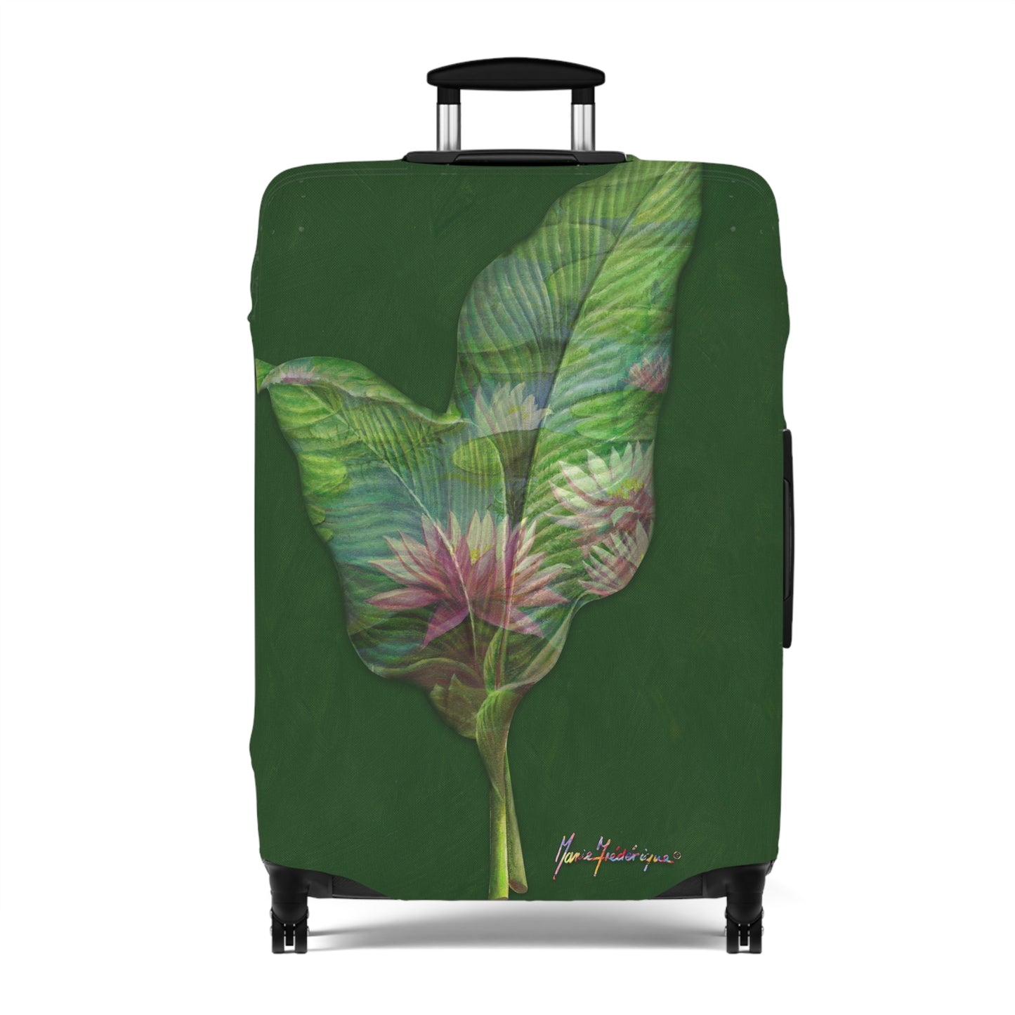 Luggage Cover, Pink Lotus flower in green By Artist Marie Frederique