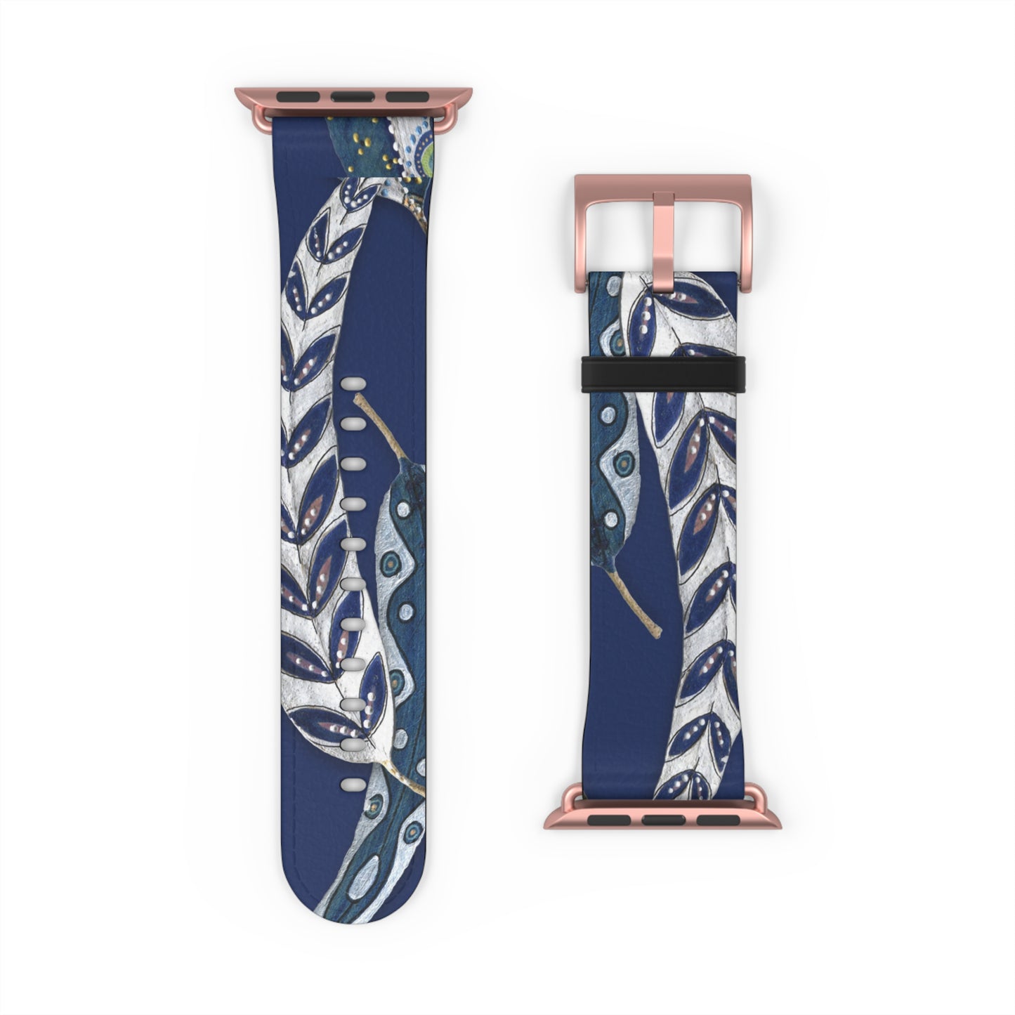 Blue Planet Series, Navy and White painted leaves on faux leather Watch Band by artist Marie Frederique