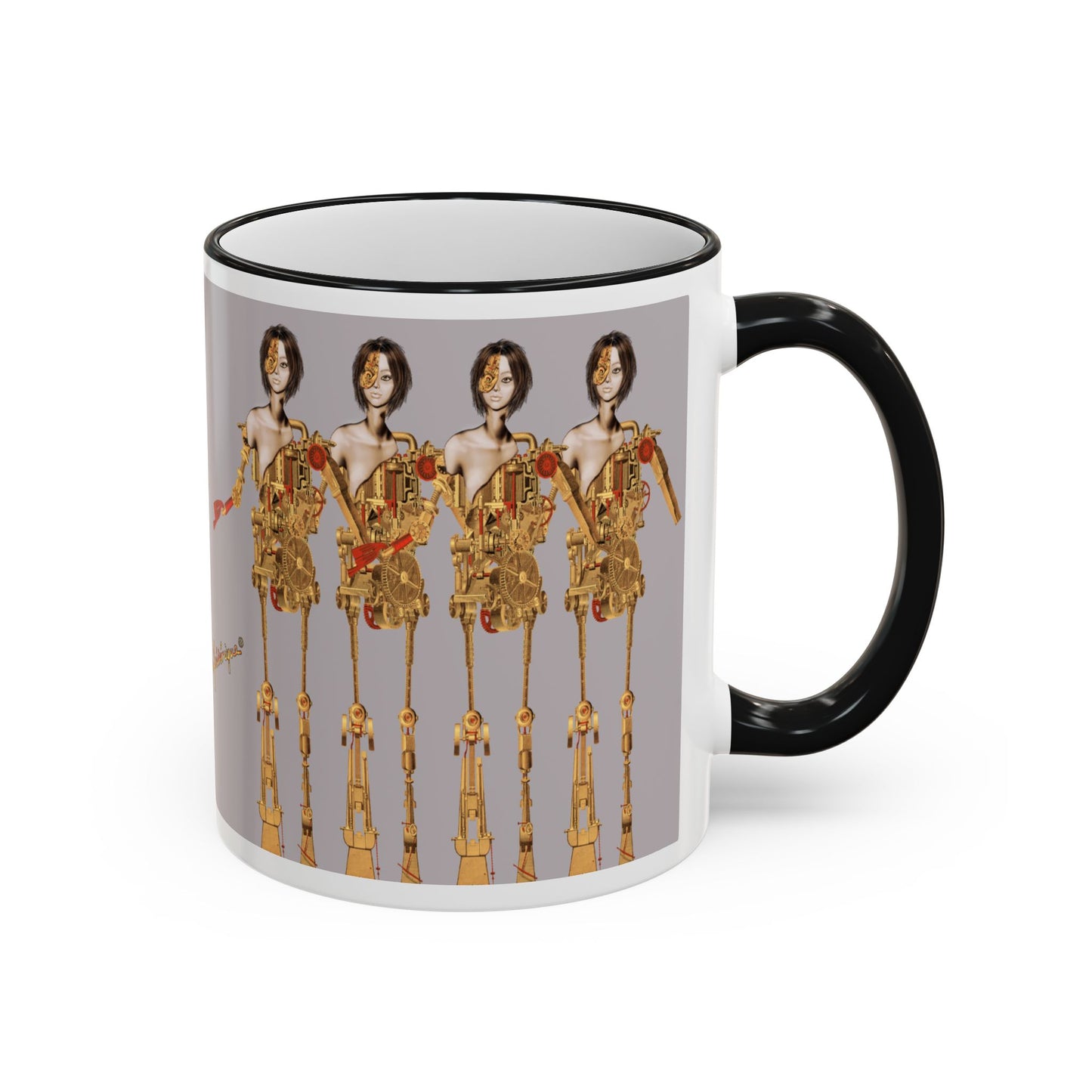 Retro Steampunk Figurine, Men and their Machines - Accent Rim Coffee Cup (11oz/15oz) by artist Marie Frederique