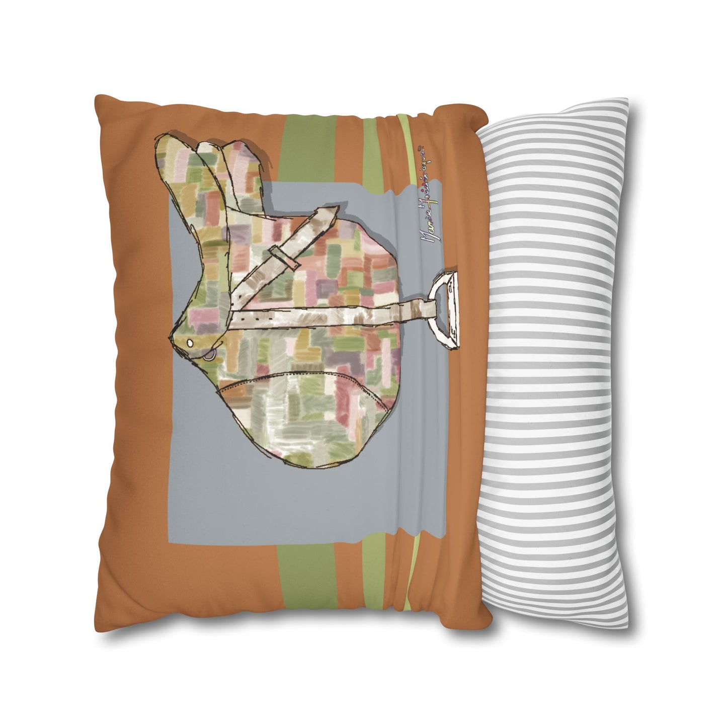 Equestrian Patchwork Saddle Faux Suede Throw Pillow cover by artist Marie Frederique