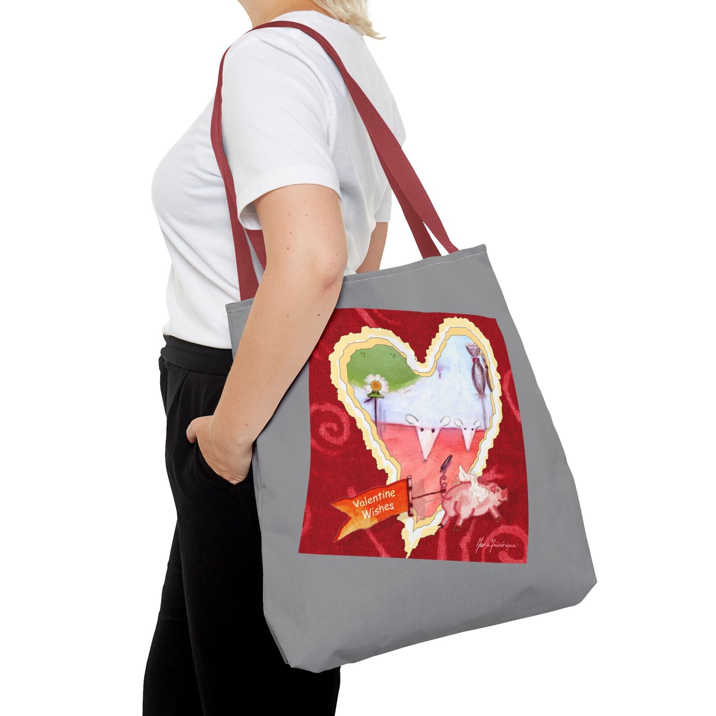 Valentine Tote Bag, Love is in the air - grey and red (2 different images on one bag) by artist Marie Frederique