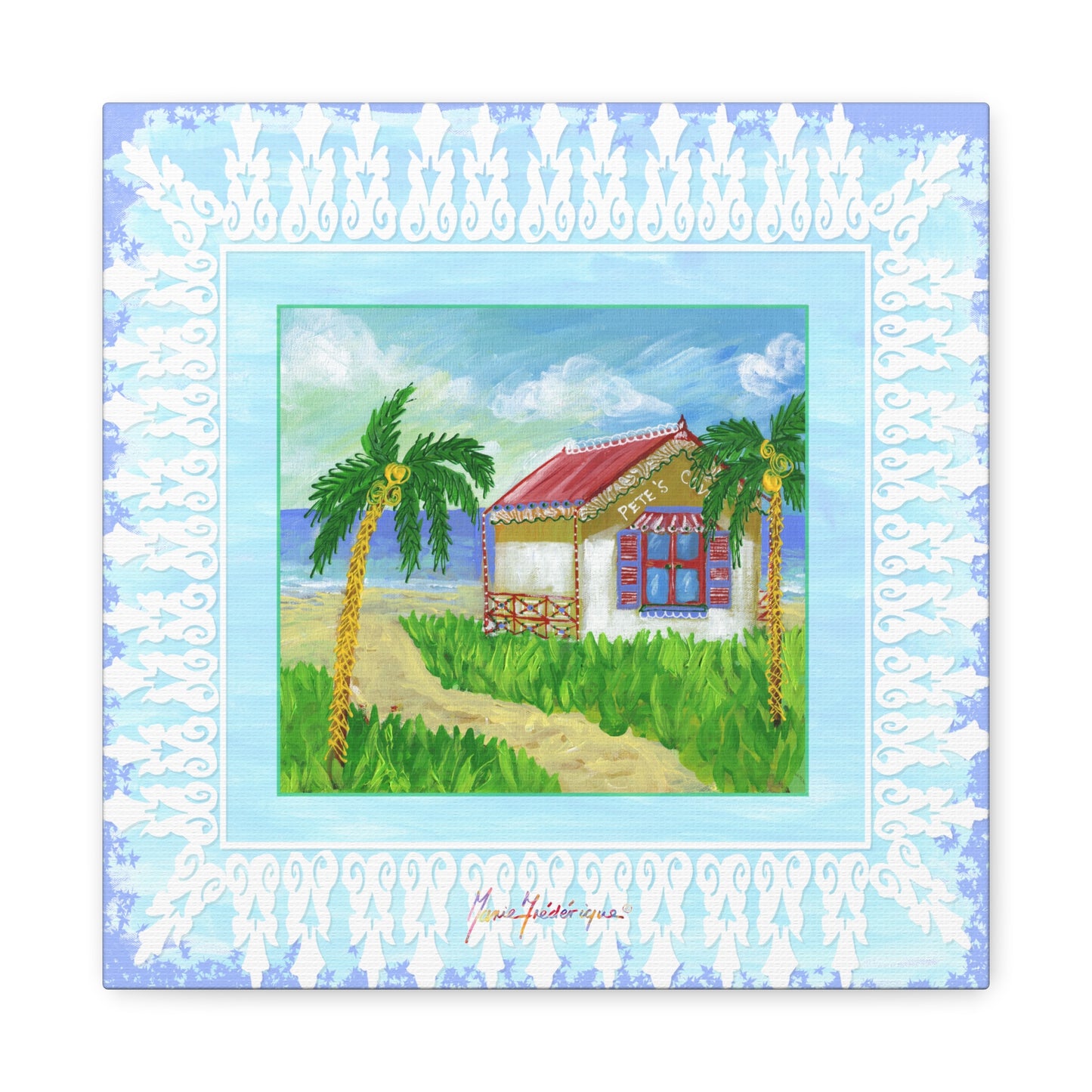 Beach Cabin Canvas — Tropical Cabin Seaside Wall Art by artist Marie Frederique