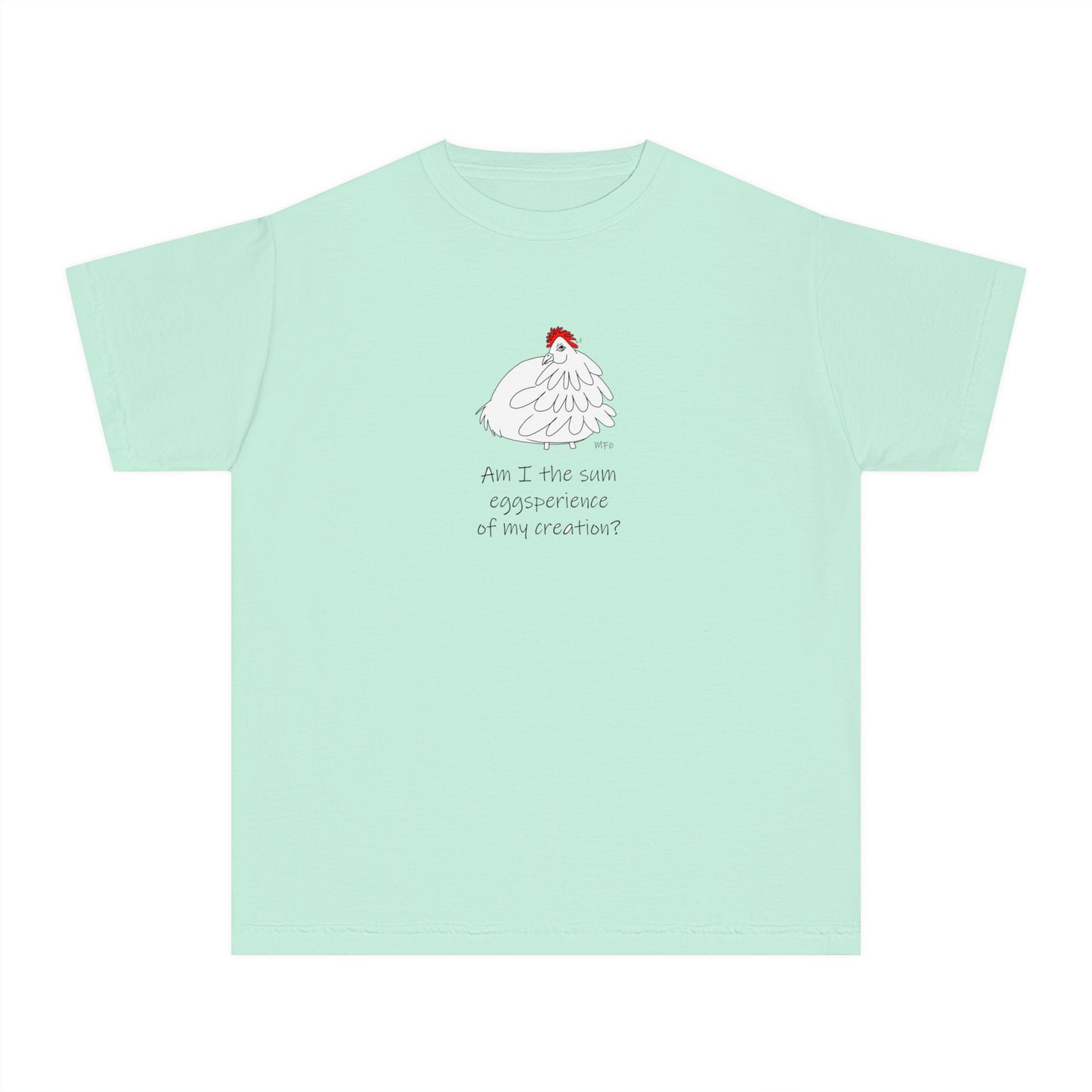 Funny Youth Midweight Tee - "Am I the sum eggsperience of my creation?" Chick Graphic by artist Marie Frederique