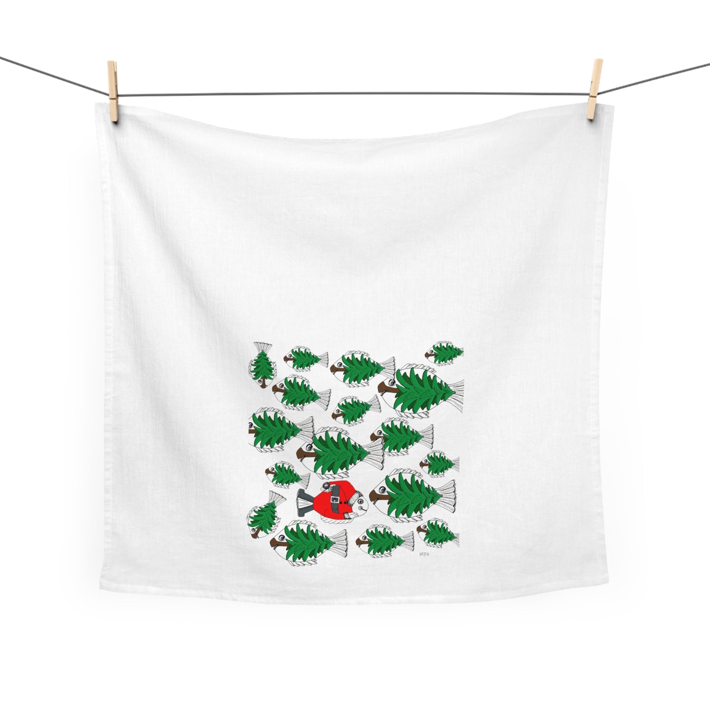 Christmas Tea Towel/Kitchen towel. Shoal of Green Pine Tree Fish with a Red Santa Fish - by artist Marie Frederique