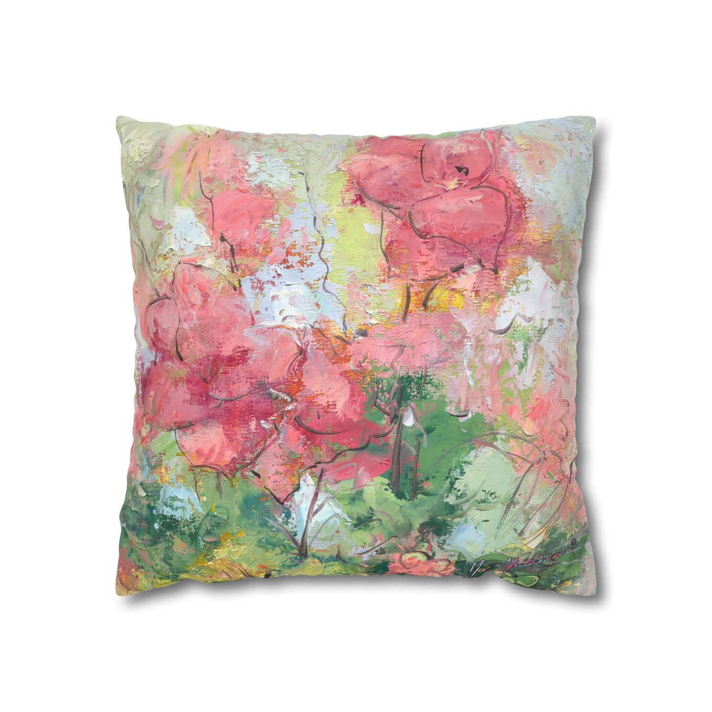 Floral Watercolor 2, Faux Suede Pillowcase — Pink Garden Square Throw Pillow Cover by artist Marie Frederique
