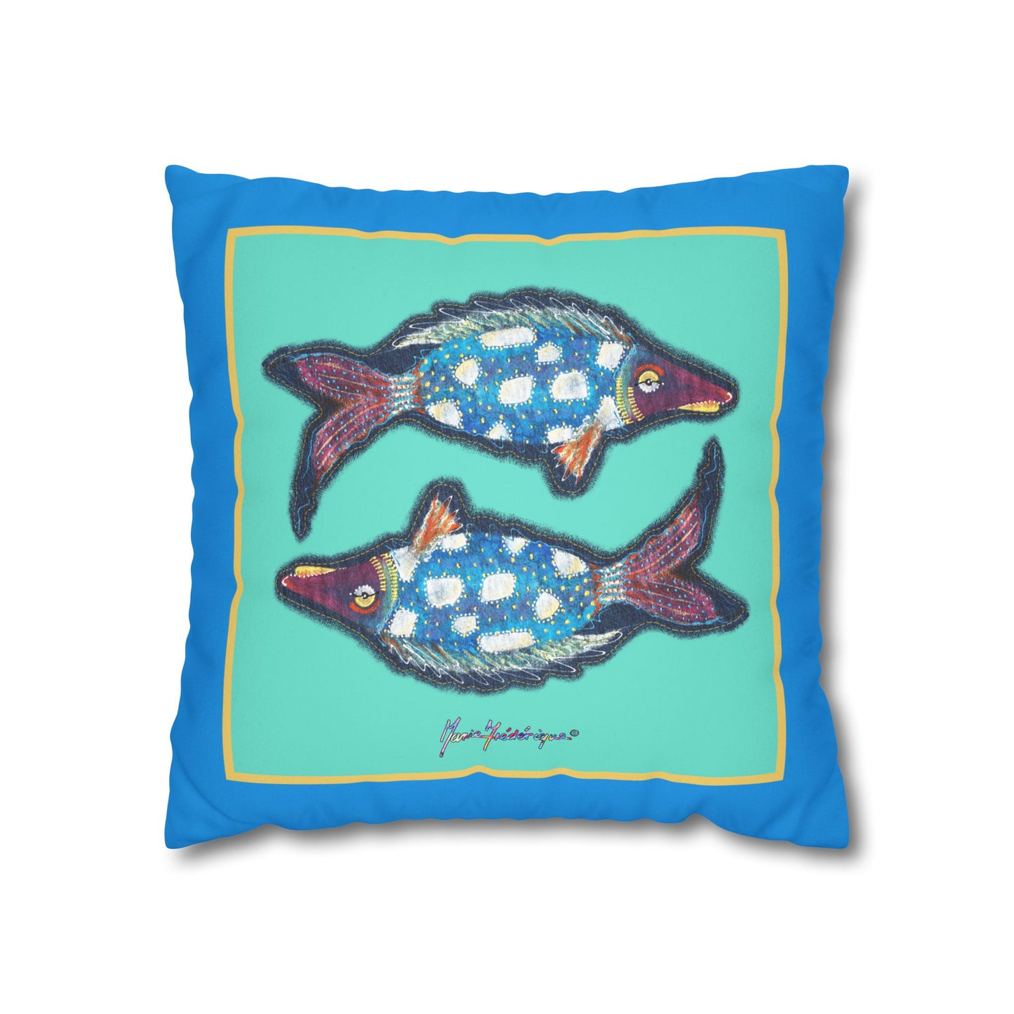 Pisces Fish Faux Suede Pillowcase — Blue Twin Fish Decorative Throw Pillow Cover by artist Marie Frederique