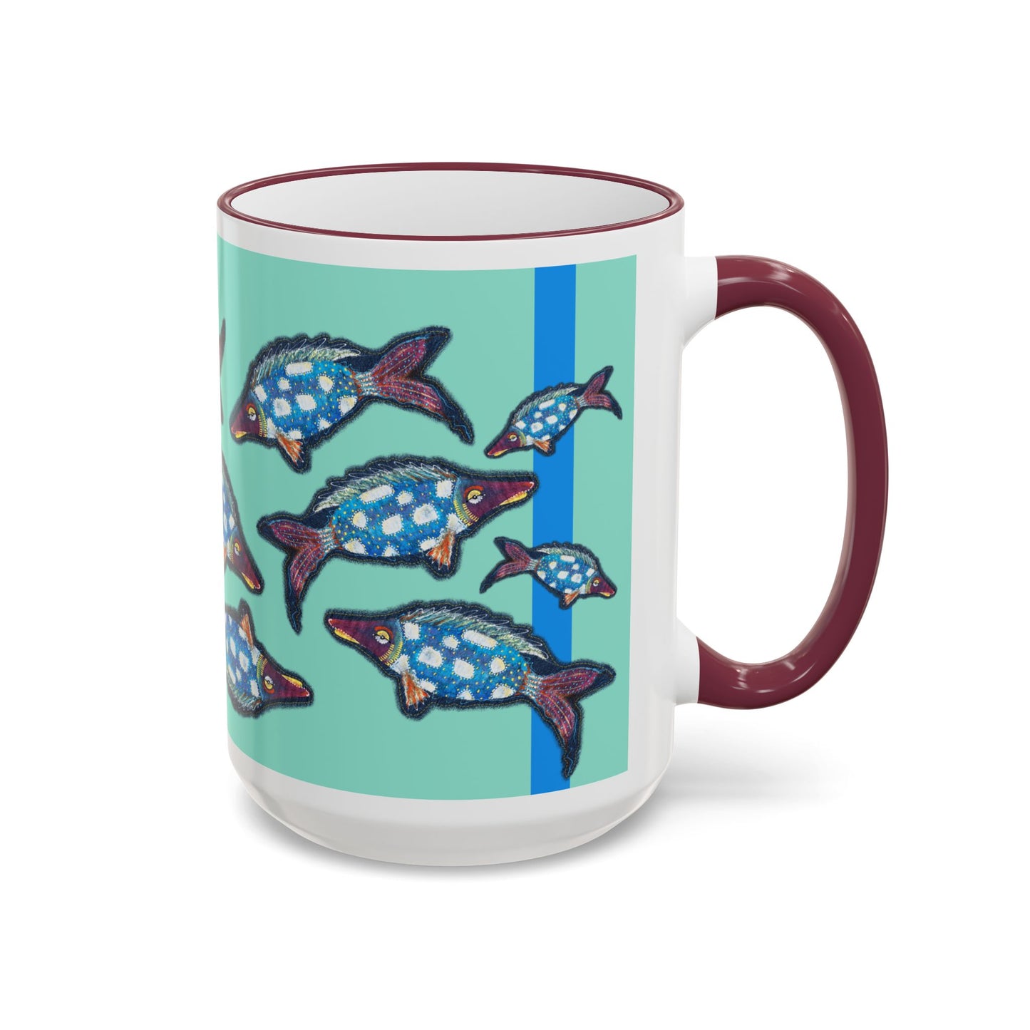 Blue Flying Fish Accent Rim Mug — Nautical Ceramic Coffee Cup (11oz/15oz) by artist Marie Frederique